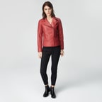 Kırmızı Delma Kadın Deri Biker Mont