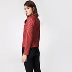 Kırmızı Delma Kadın Deri Biker Mont