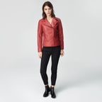 Kırmızı Delma Kadın Deri Biker Mont