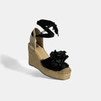 Limited Edition Siyah Kadın Çiçek Aksesuarlı Jüt Bağcıklı Dolgu Topuklu Süet Espadril