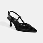Siyah Kadın Perforeli Slingback Deri Topuklu Ayakkabı