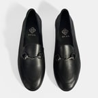 Siyah Kadın Toka Aksesuarlı Deri Loafer