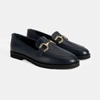 XXX Kadın Lacivert Metal Toka Aksesuarlı Deri Loafer