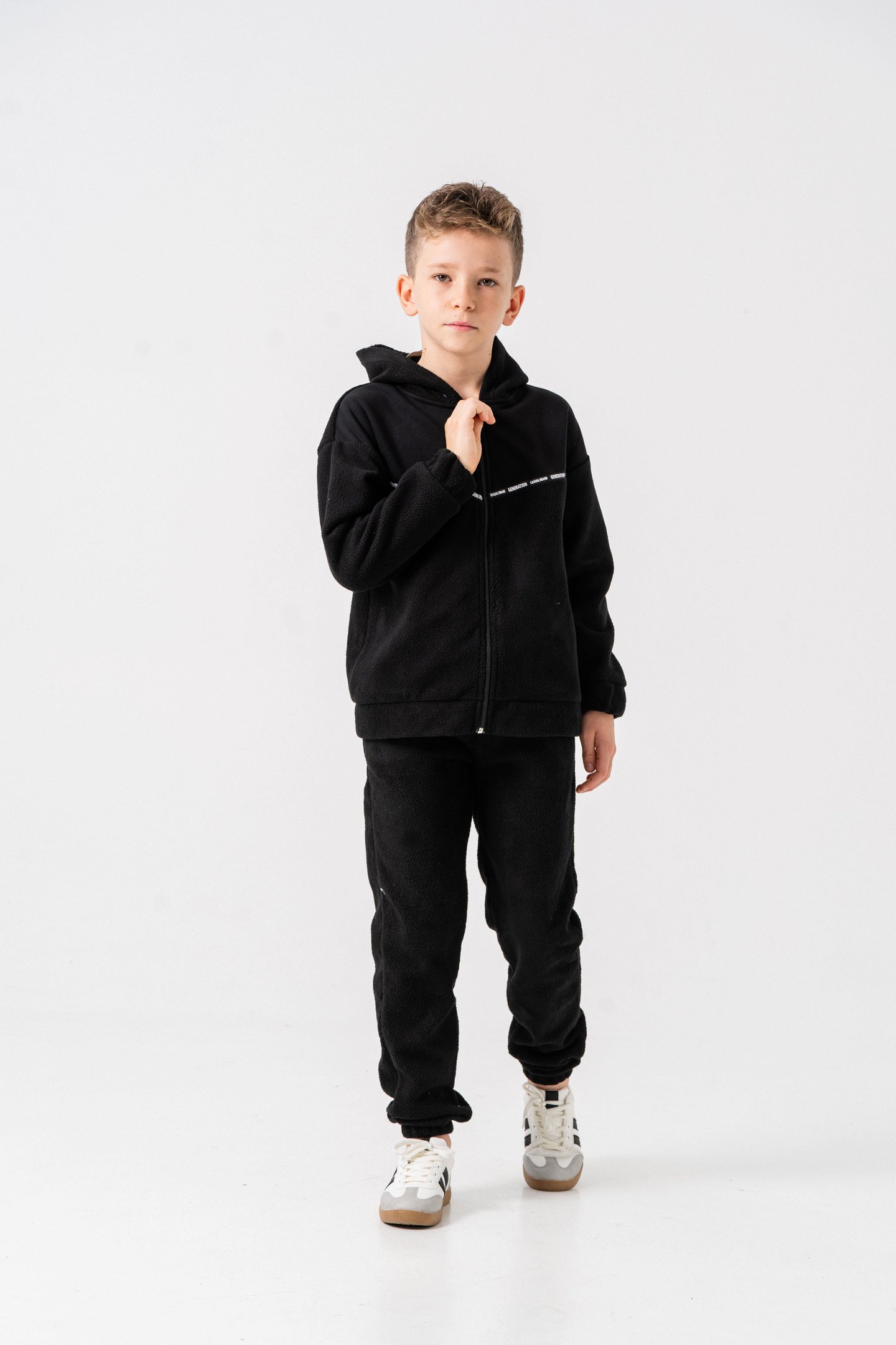 Generation Casual Brand Yazılı Şerit Baskılı Polar Erkek Çocuk Alt-Üst Eşofman Takımı
