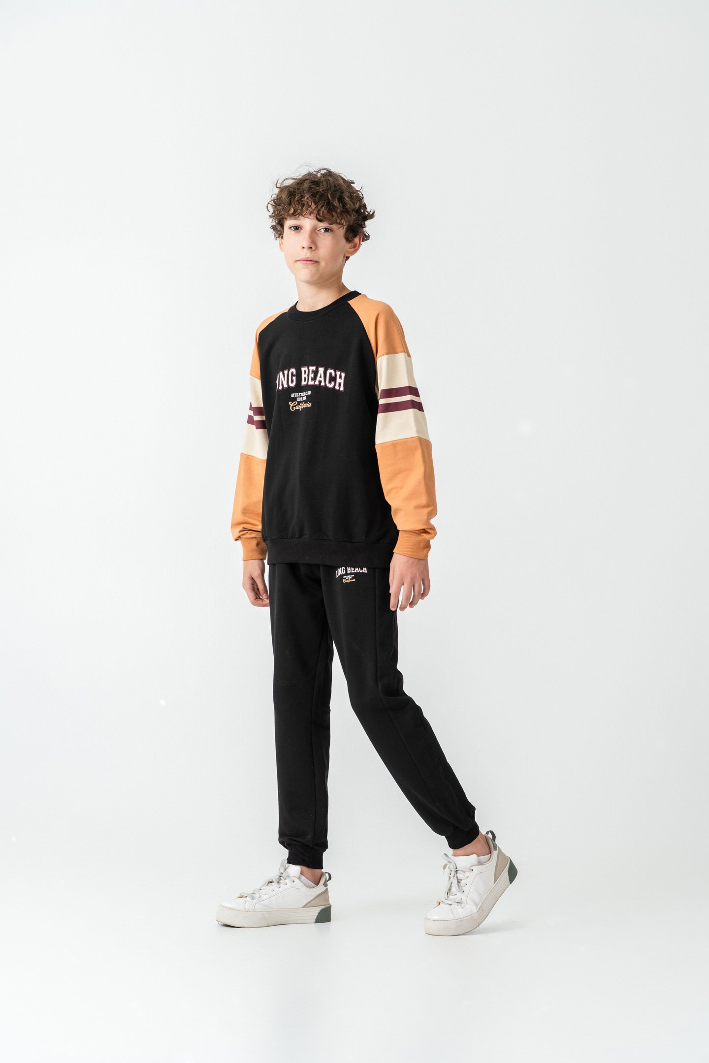 Long Beach Baskılı Üst Sweat Kollar Garnili  Erkek Çocuk Alt Üst Eşofman Takımı