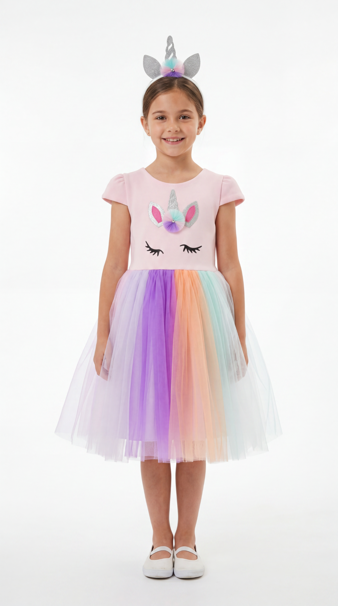 Unicorn Baskılı Tüllü Taçlı Kız Çocuk Elbise