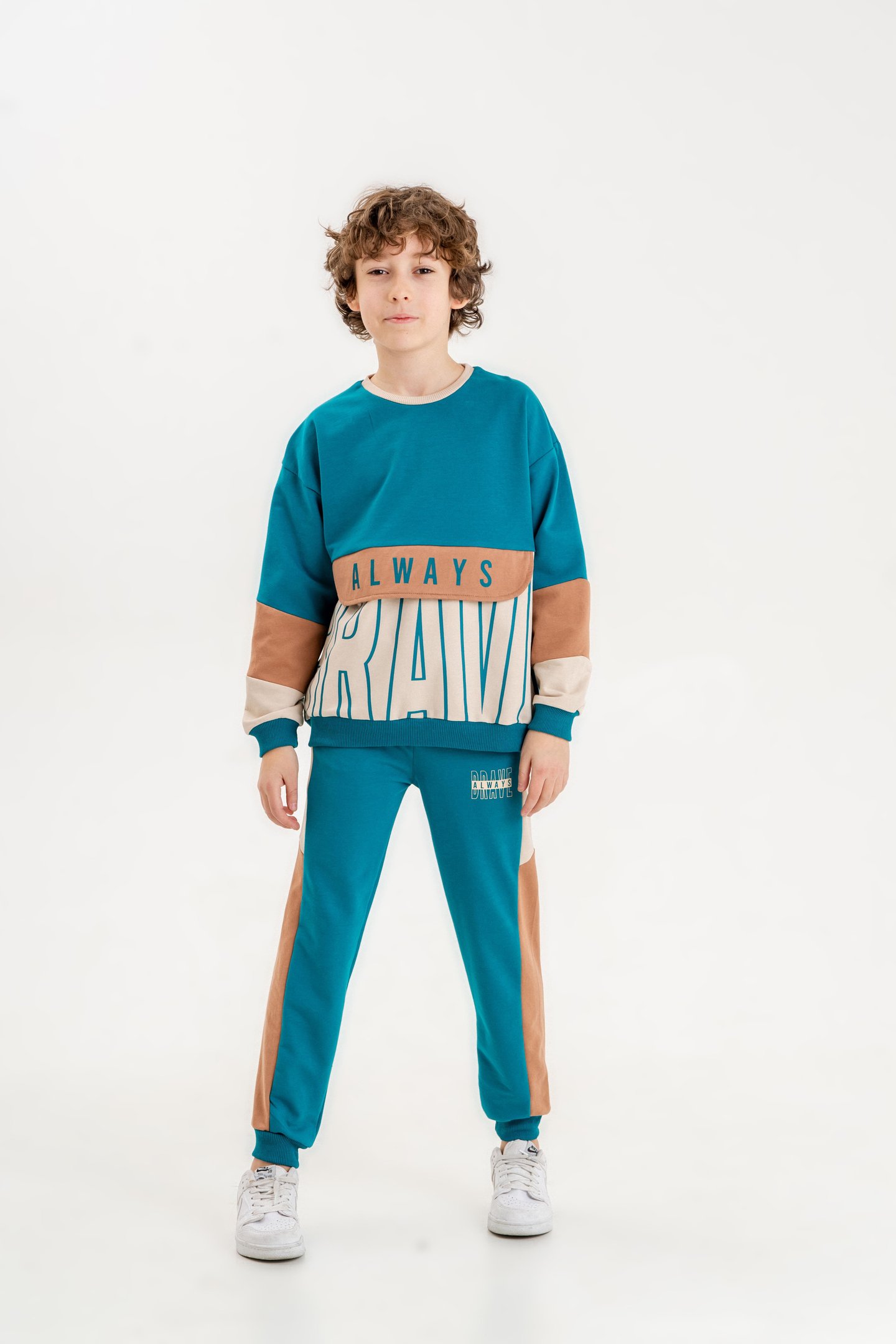 Always Brave Baskılı Kanguru Cep Detay Bisiklet Yaka Alt Üst Erkek Çocuk Eşofman Takımı