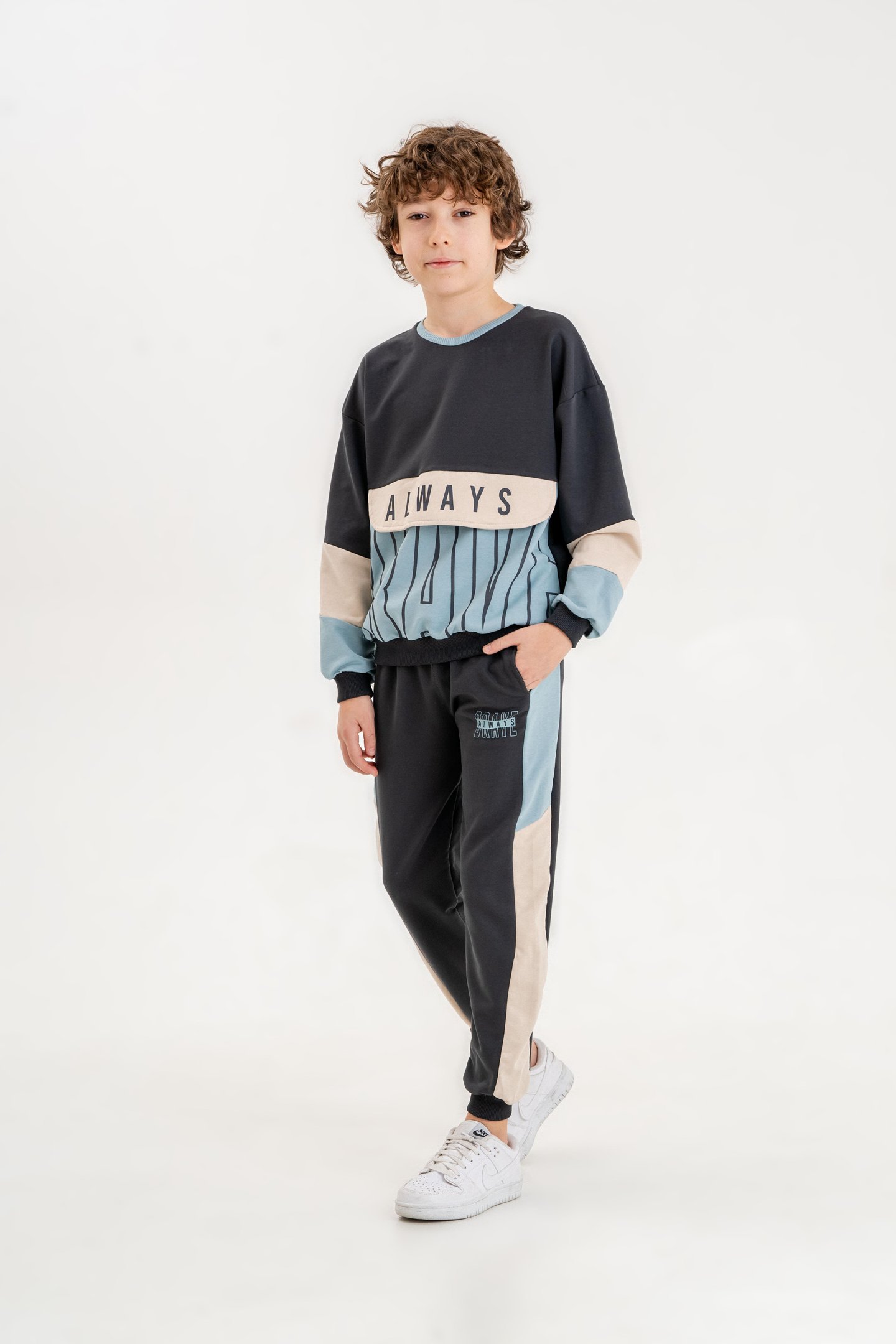 Always Brave Baskılı Kanguru Cep Detay Bisiklet Yaka Alt Üst Erkek Çocuk Eşofman Takımı