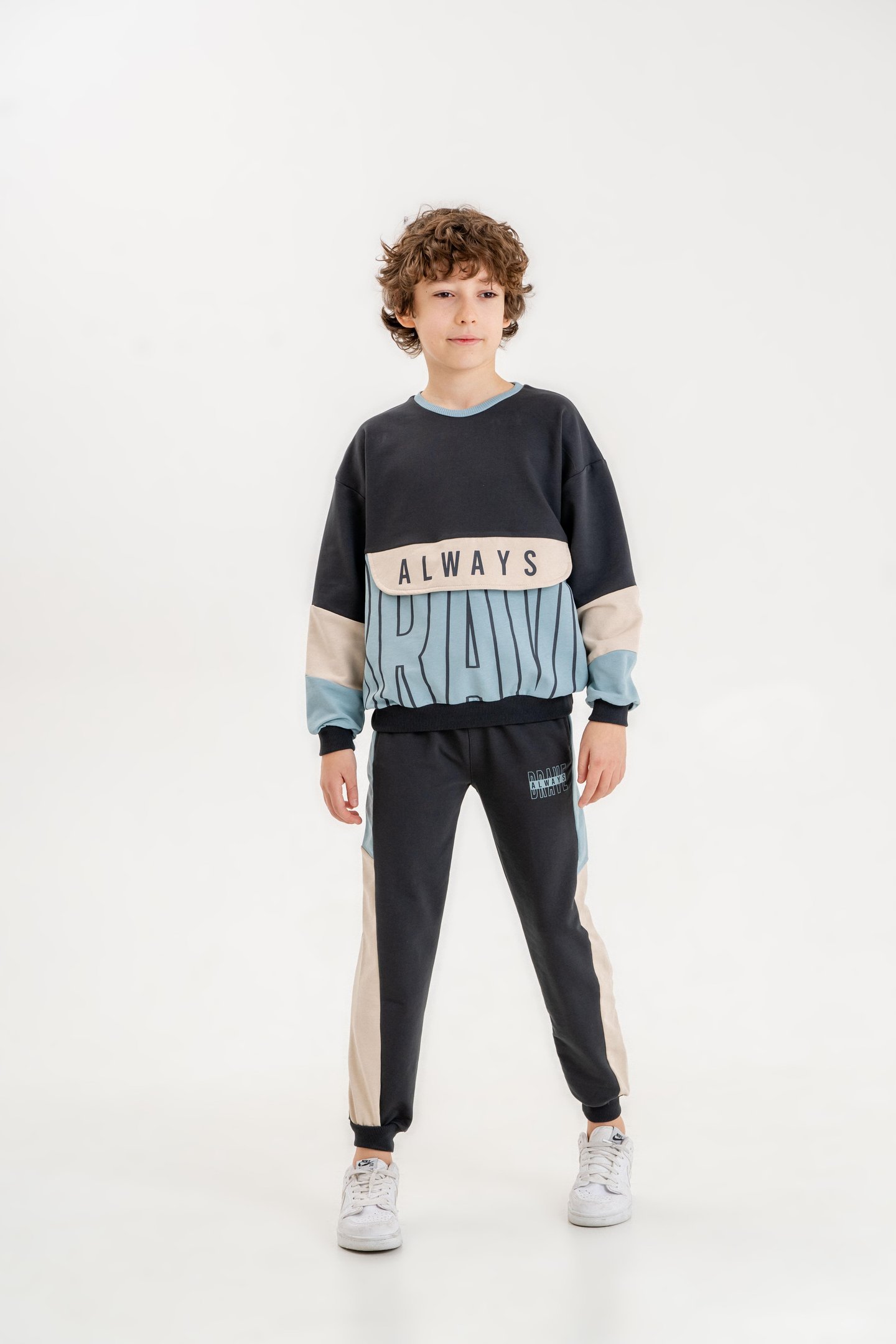 Always Brave Baskılı Kanguru Cep Detay Bisiklet Yaka Alt Üst Erkek Çocuk Eşofman Takımı