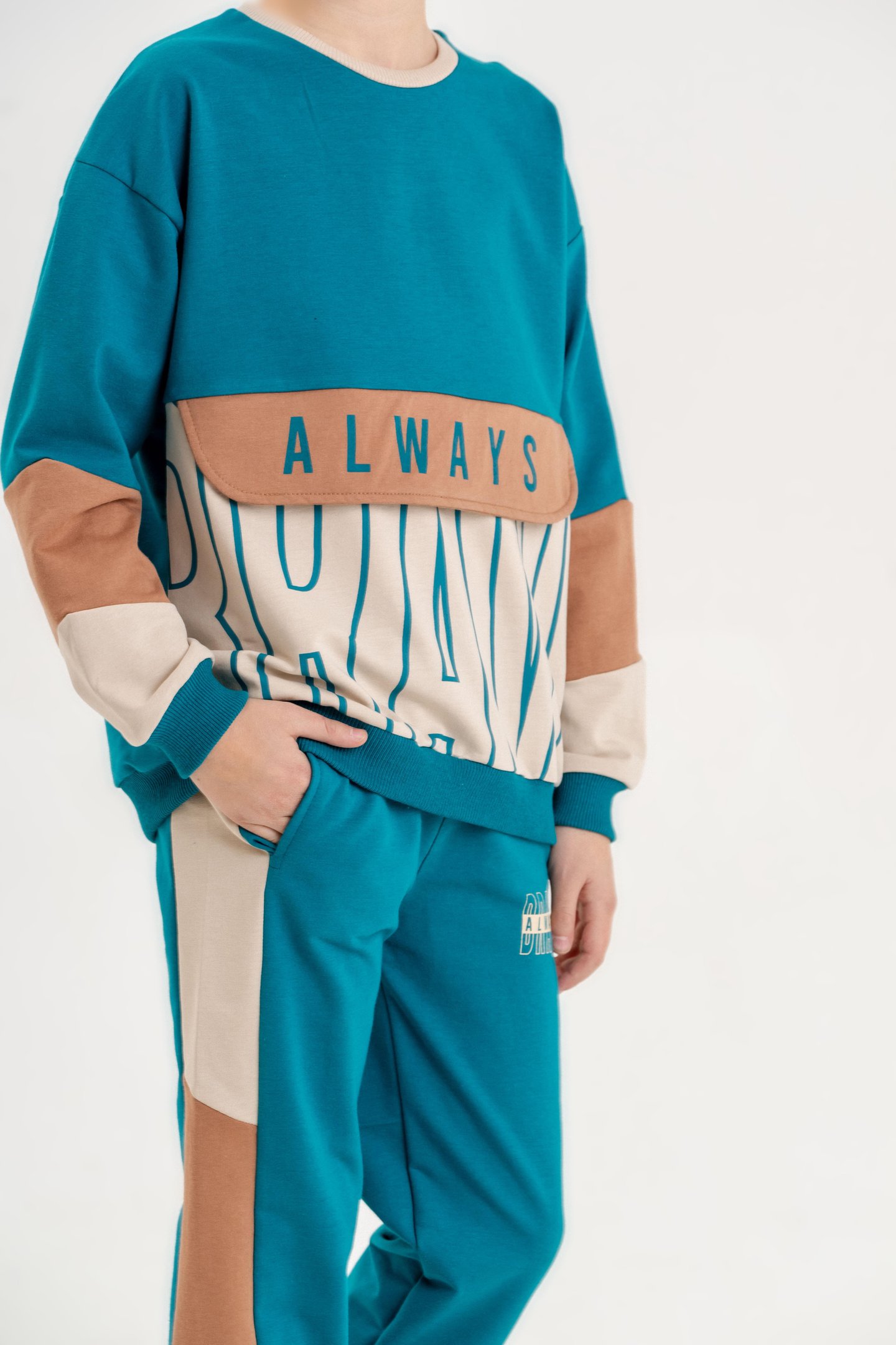 Always Brave Baskılı Kanguru Cep Detay Bisiklet Yaka Alt Üst Erkek Çocuk Eşofman Takımı