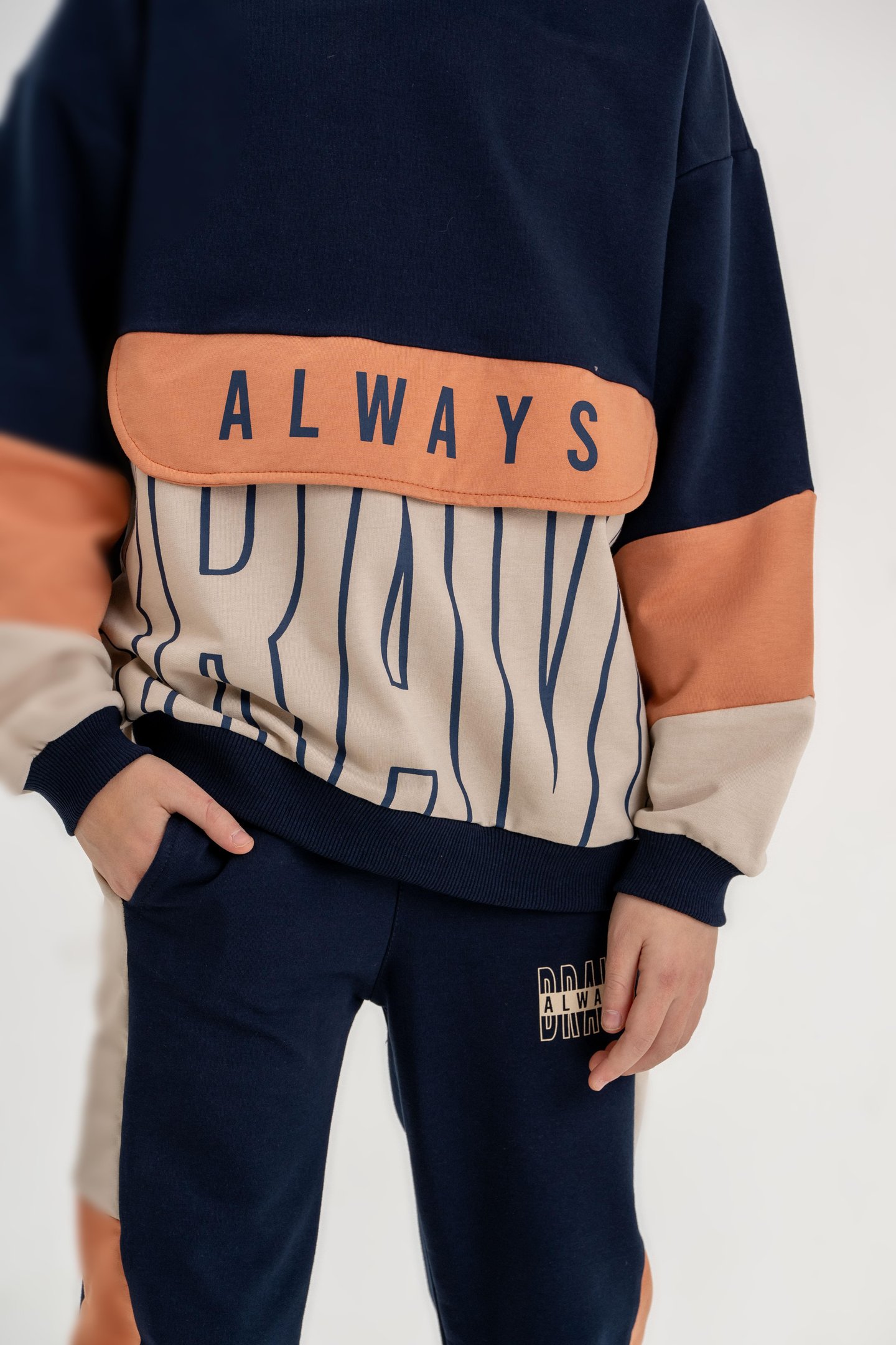 Always Brave Baskılı Kanguru Cep Detay Bisiklet Yaka Alt Üst Erkek Çocuk Eşofman Takımı