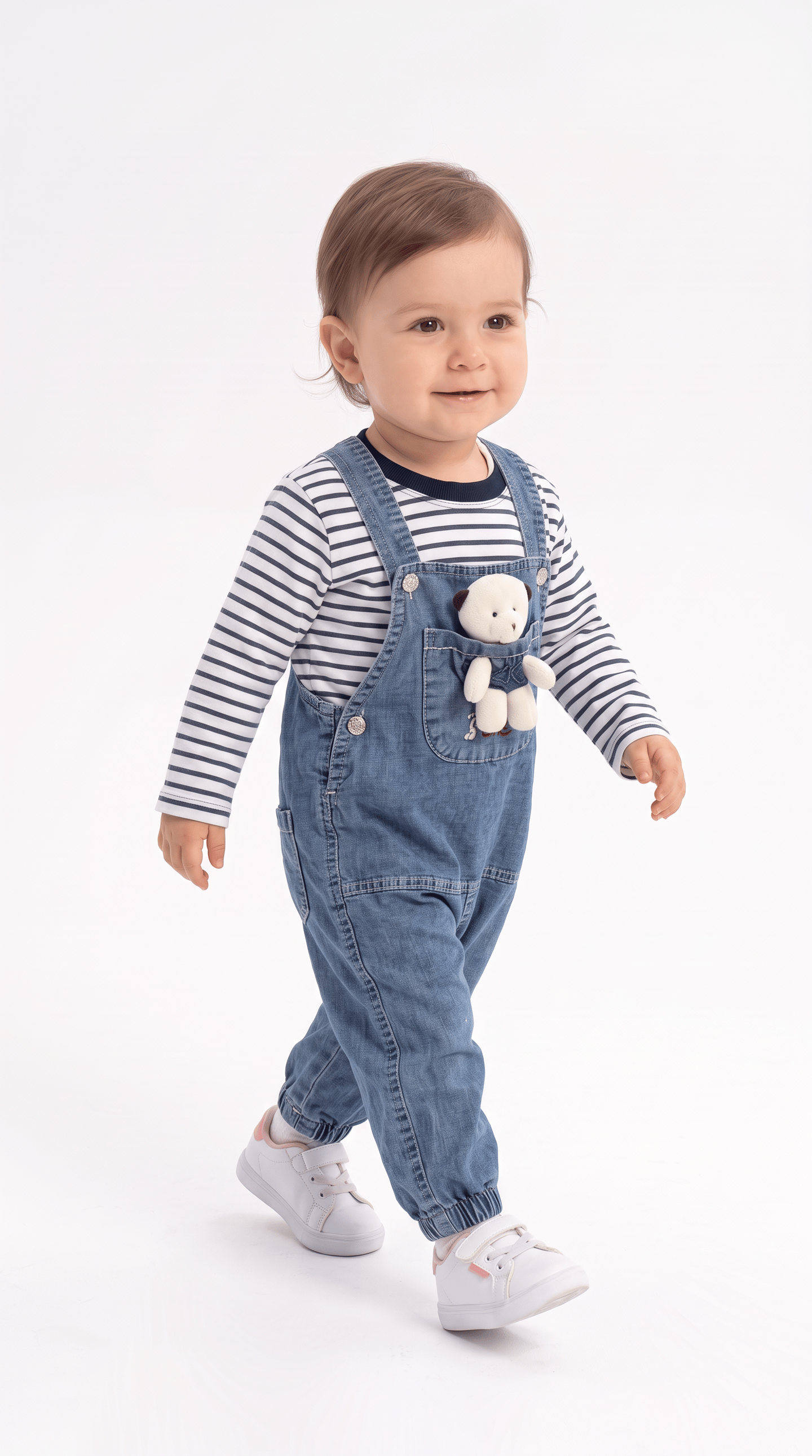 Ayı Cepli Çizgili Bahçivan Kız Bebek Takım