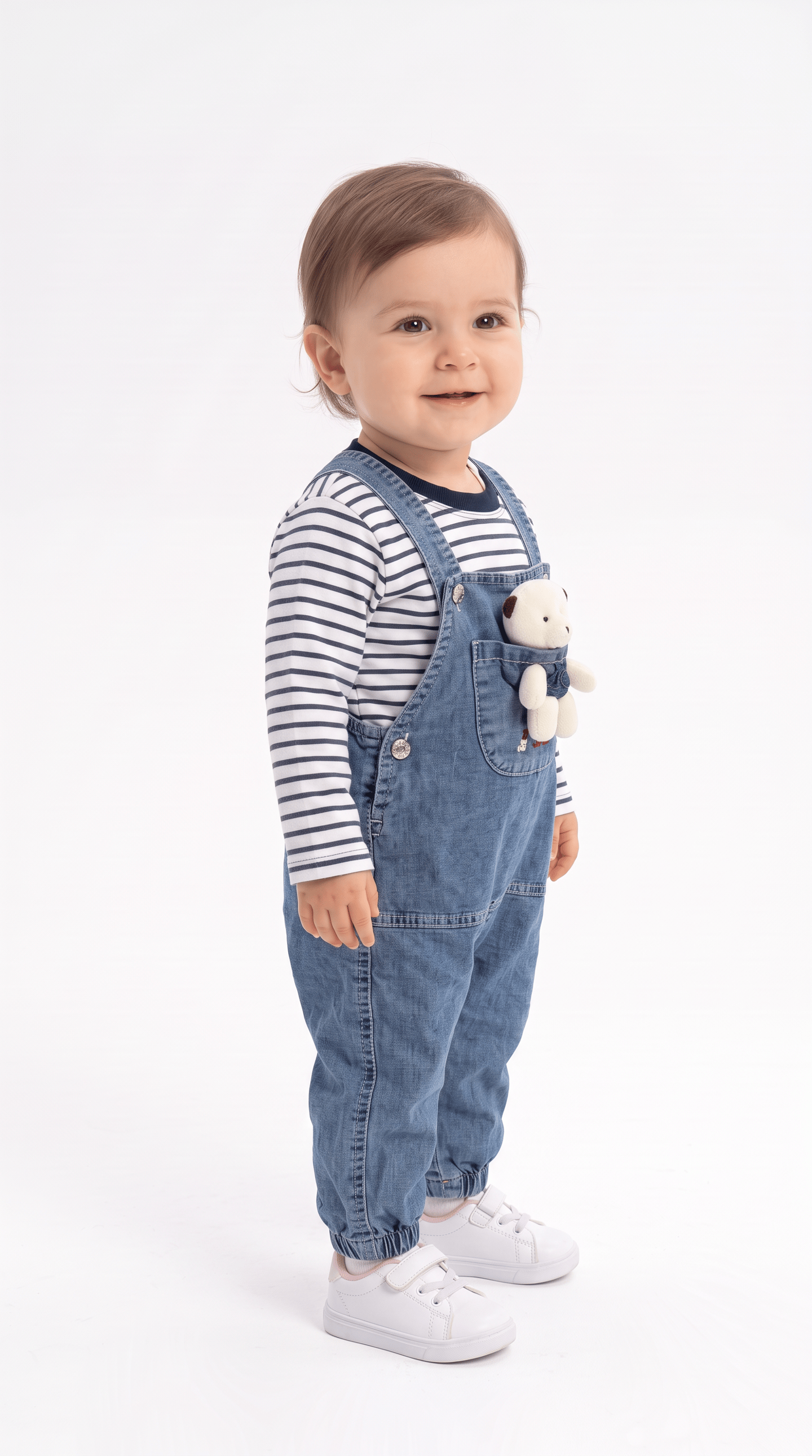 Ayı Cepli Çizgili Bahçivan Kız Bebek Takım