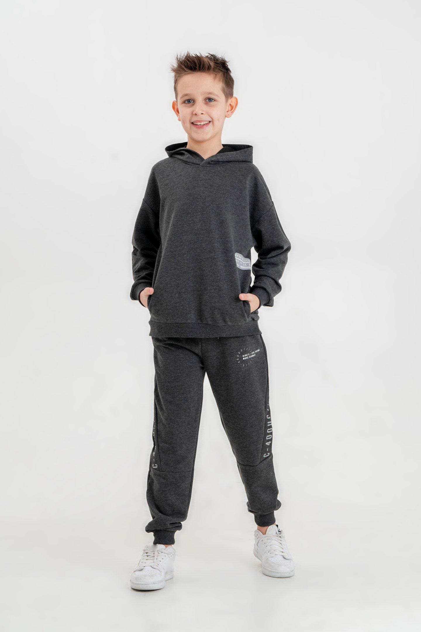 Basic Baskılı Kapüşonlu Erkek Çocuk Eşofman Takımı