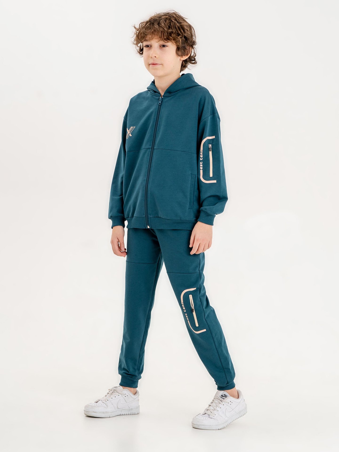 Best Team Baskılı Kapüşonlu Kol Bacak Fermuar Detaylı Alt Üst Erkek Çocuk Eşofman Takımı