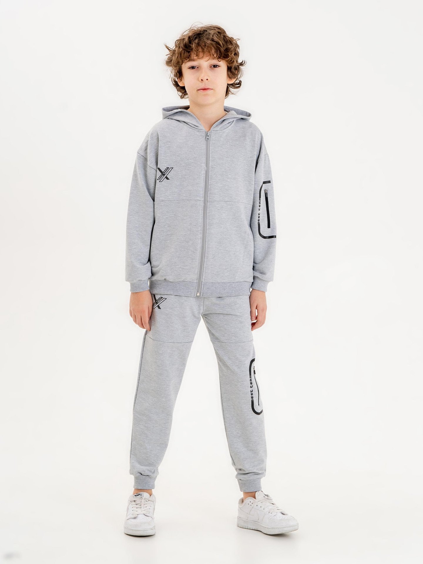 Best Team Baskılı Kapüşonlu Kol Bacak Fermuar Detaylı Alt Üst Erkek Çocuk Eşofman Takımı
