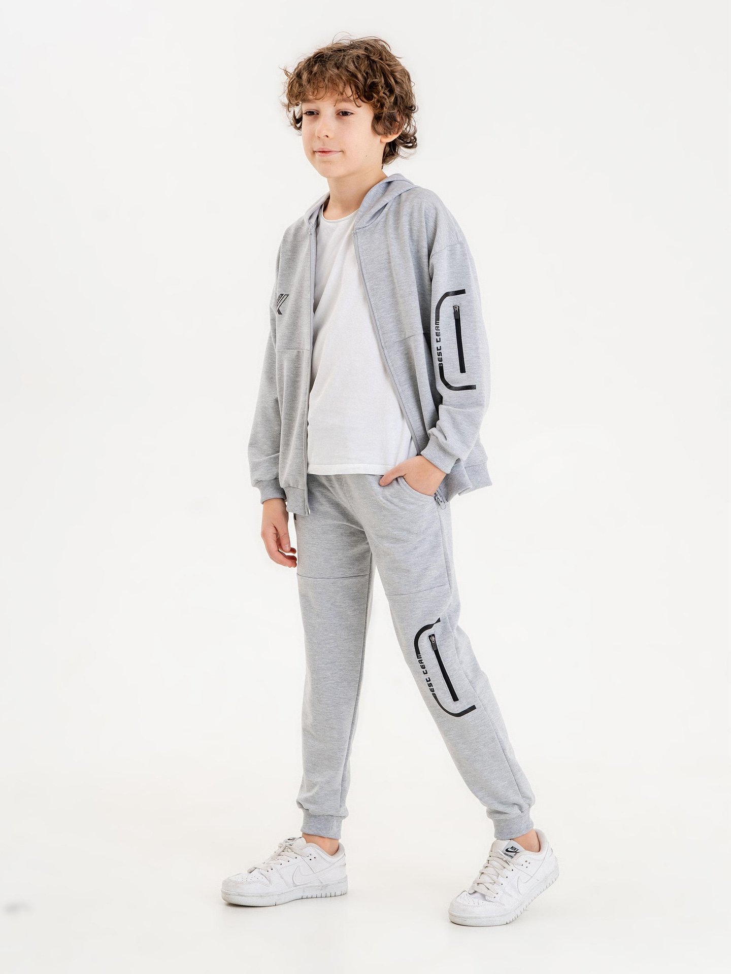Best Team Baskılı Kapüşonlu Kol Bacak Fermuar Detaylı Alt Üst Erkek Çocuk Eşofman Takımı