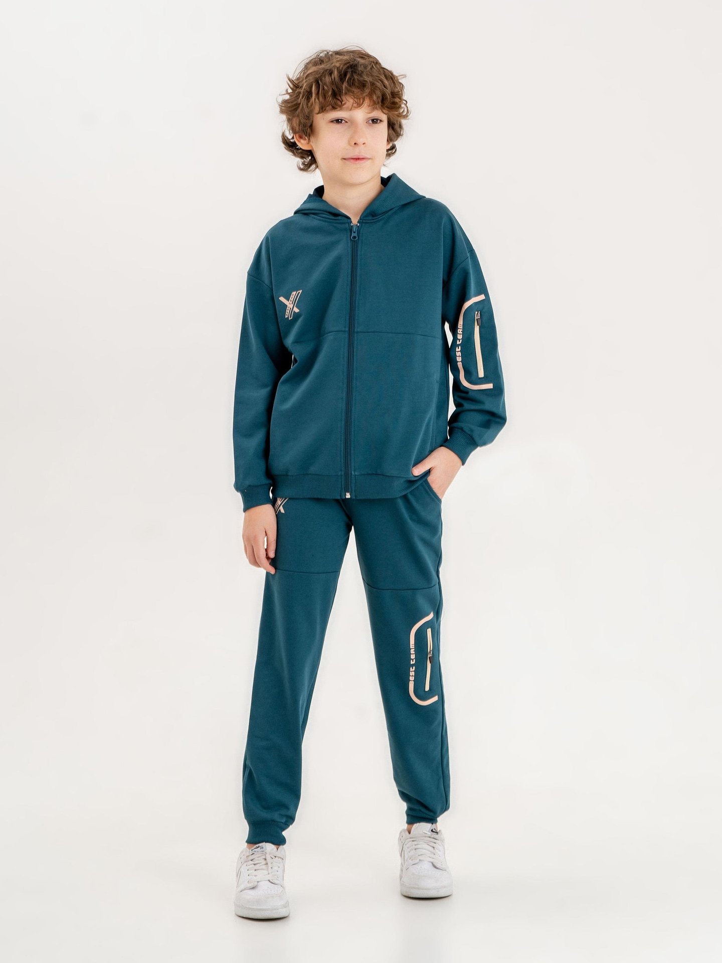 Best Team Baskılı Kapüşonlu Kol Bacak Fermuar Detaylı Alt Üst Erkek Çocuk Eşofman Takımı