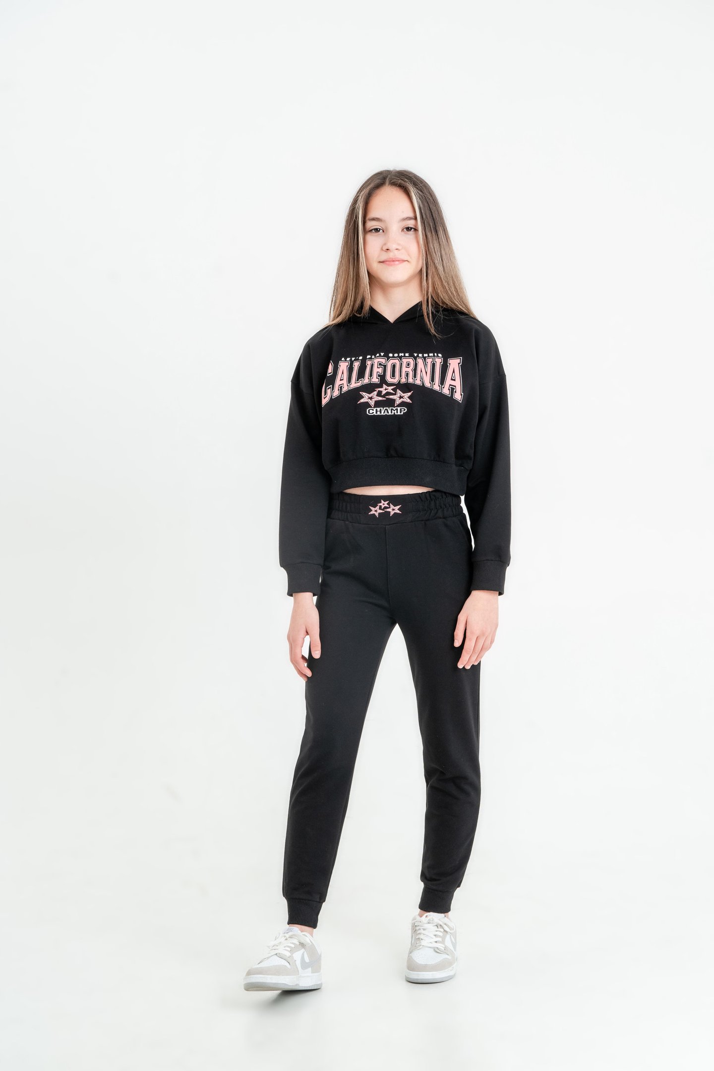 California Baskılı Crop Kapüşonlu Kız Çocuk Alt Üst Eşofman Takımı