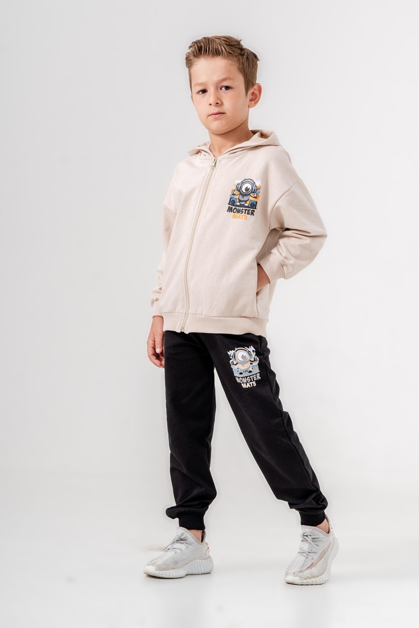 Canavar Baskılı Bacak Baskı Detaylı Kapüşonlu Erkek Çocuk Alt Üst Eşofman Takımı