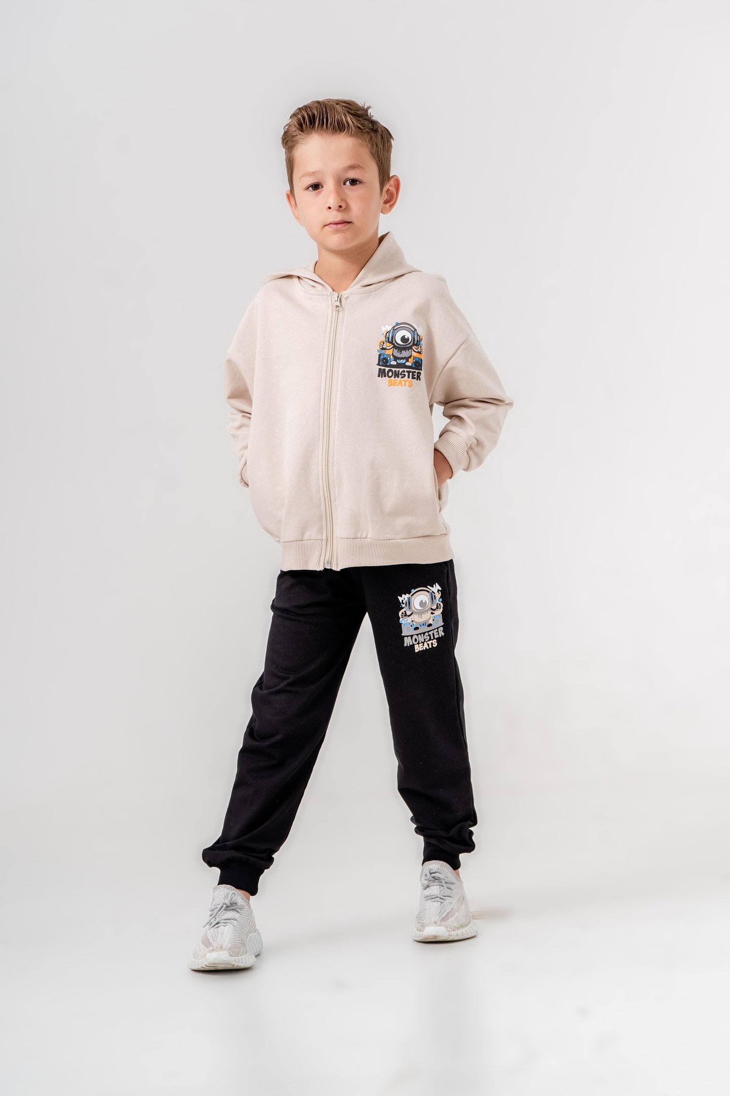 Canavar Baskılı Bacak Baskı Detaylı Kapüşonlu Erkek Çocuk Alt Üst Eşofman Takımı