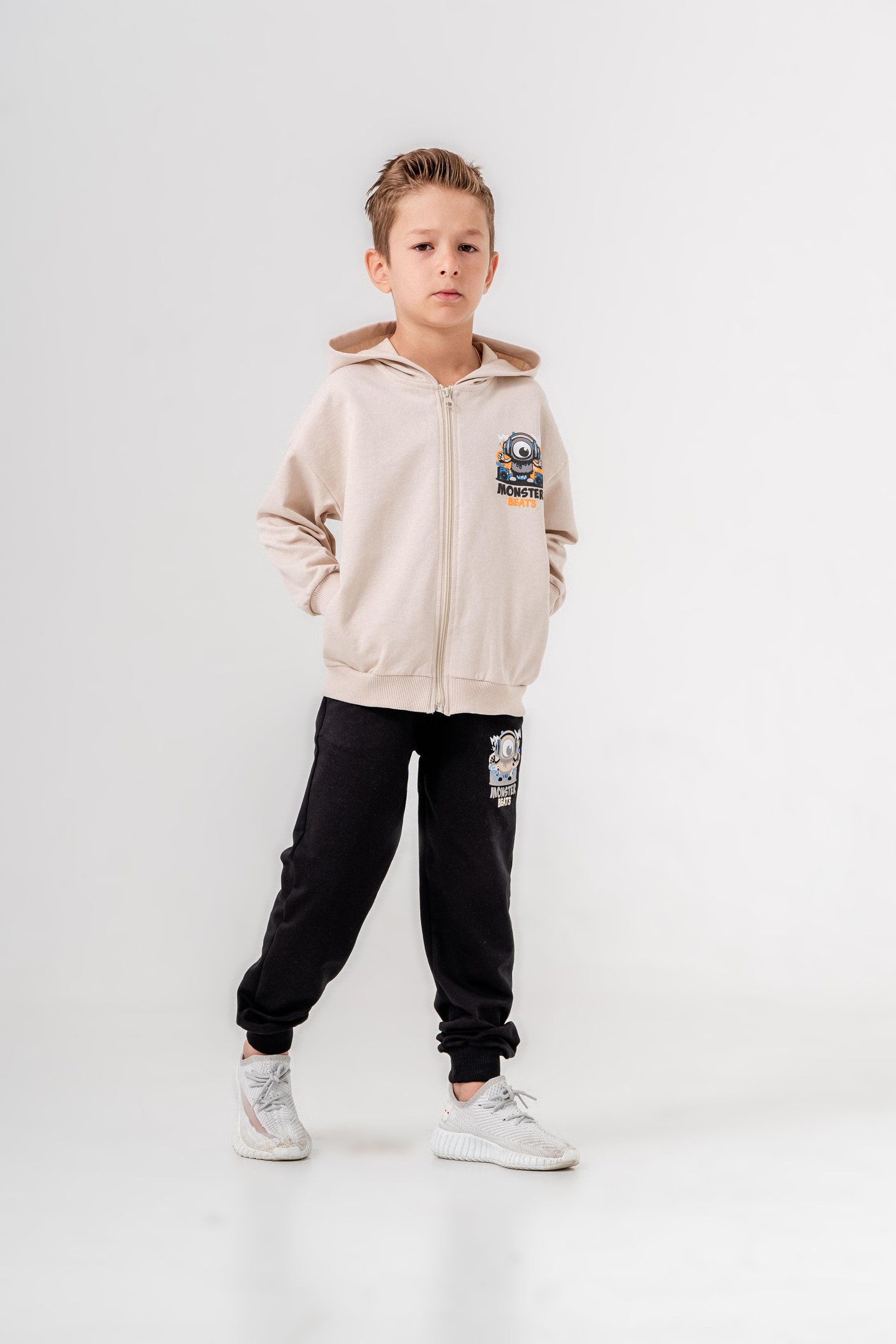 Canavar Baskılı Bacak Baskı Detaylı Kapüşonlu Erkek Çocuk Alt Üst Eşofman Takımı