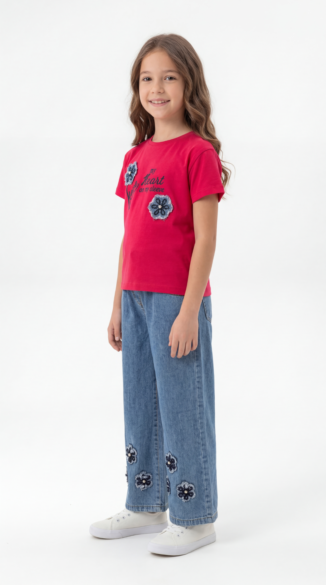 Çiçek Aplikeli Kız Çocuk Tişört-Pantolon Takım