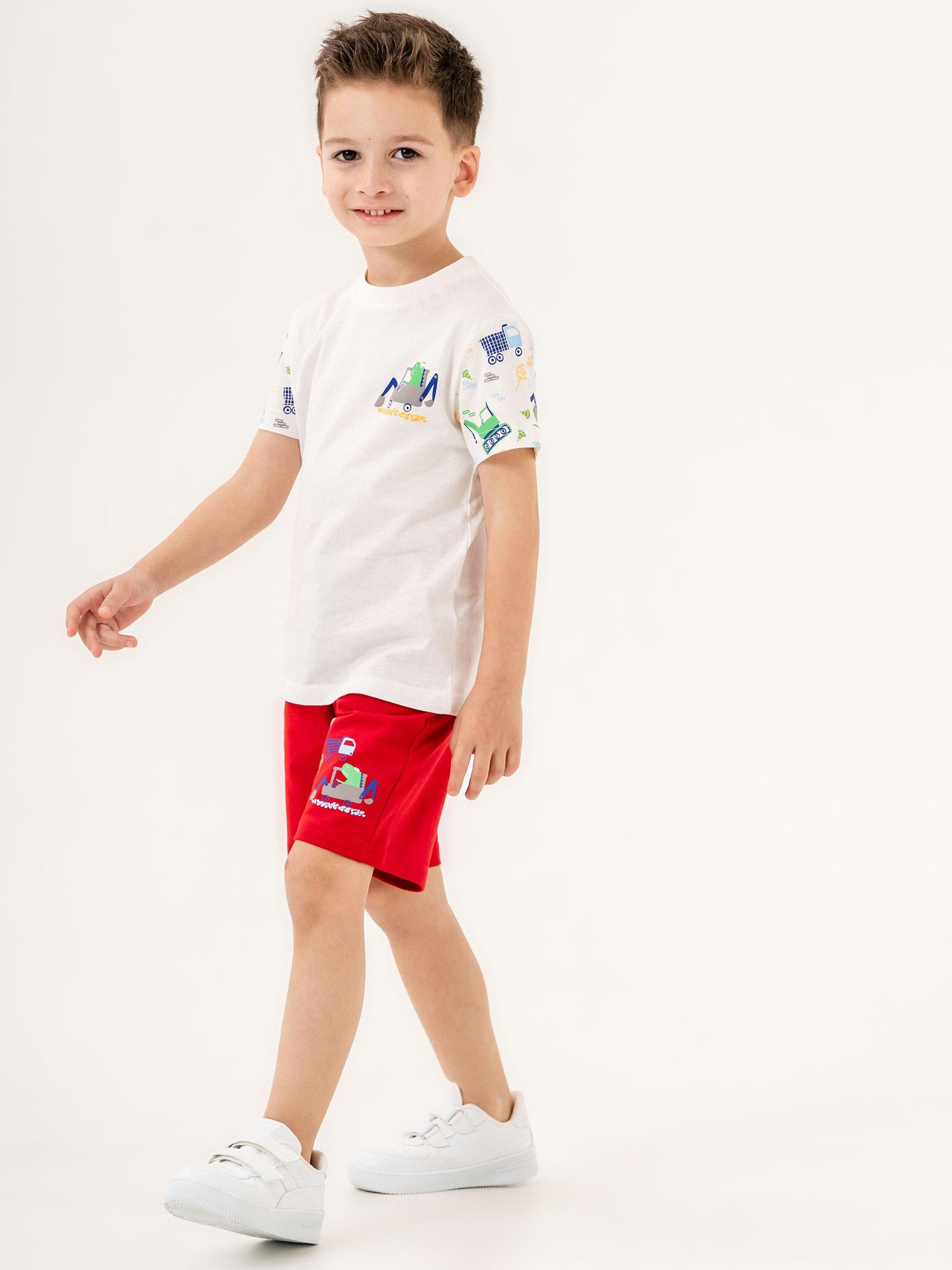 Dino Traktör Baskılı Erkek Çocuk Alt Üst Tişört Şort Takımı