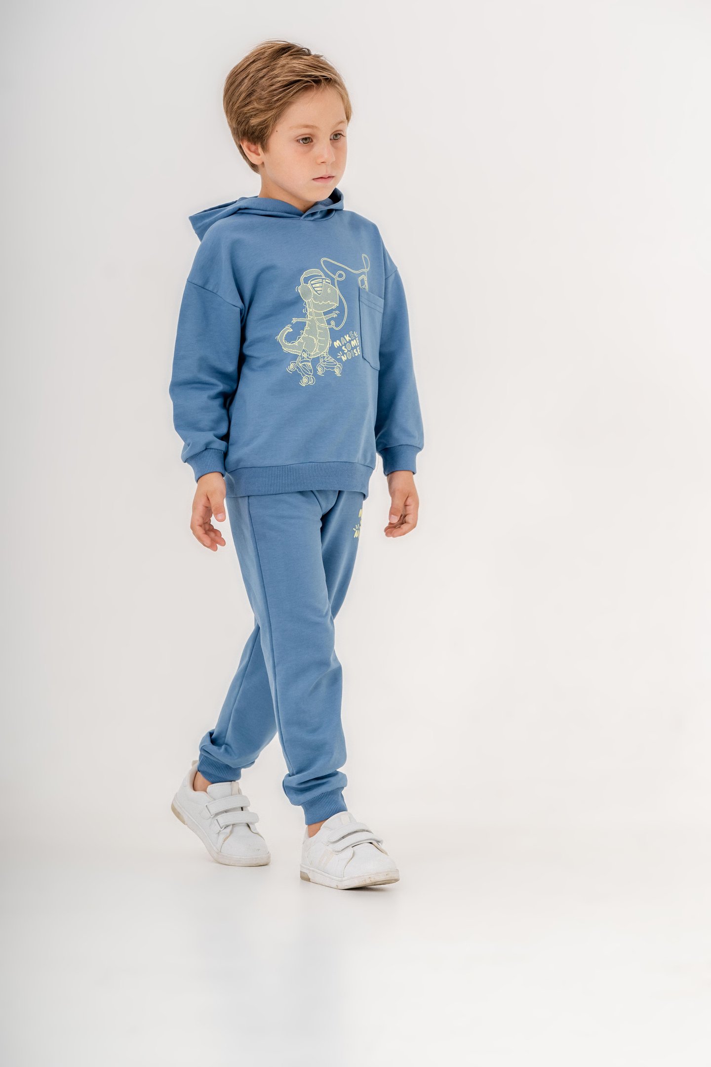 Dinozor Make Some Noise Baskılı Bacak Baskı Detaylı Kapüşonlu Erkek Çocuk Alt Üst Eşofman Takımı