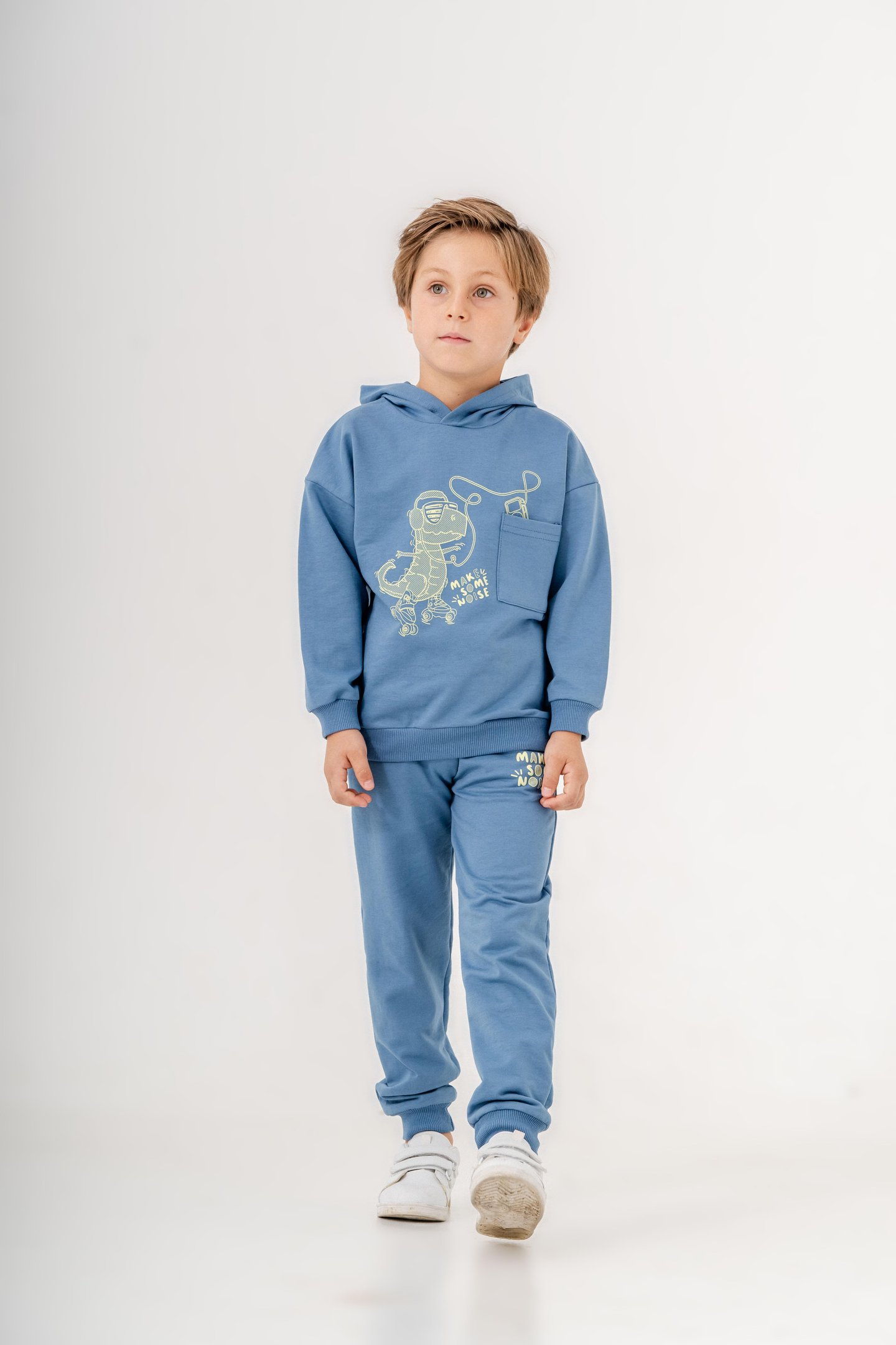 Dinozor Make Some Noise Baskılı Bacak Baskı Detaylı Kapüşonlu Erkek Çocuk Alt Üst Eşofman Takımı