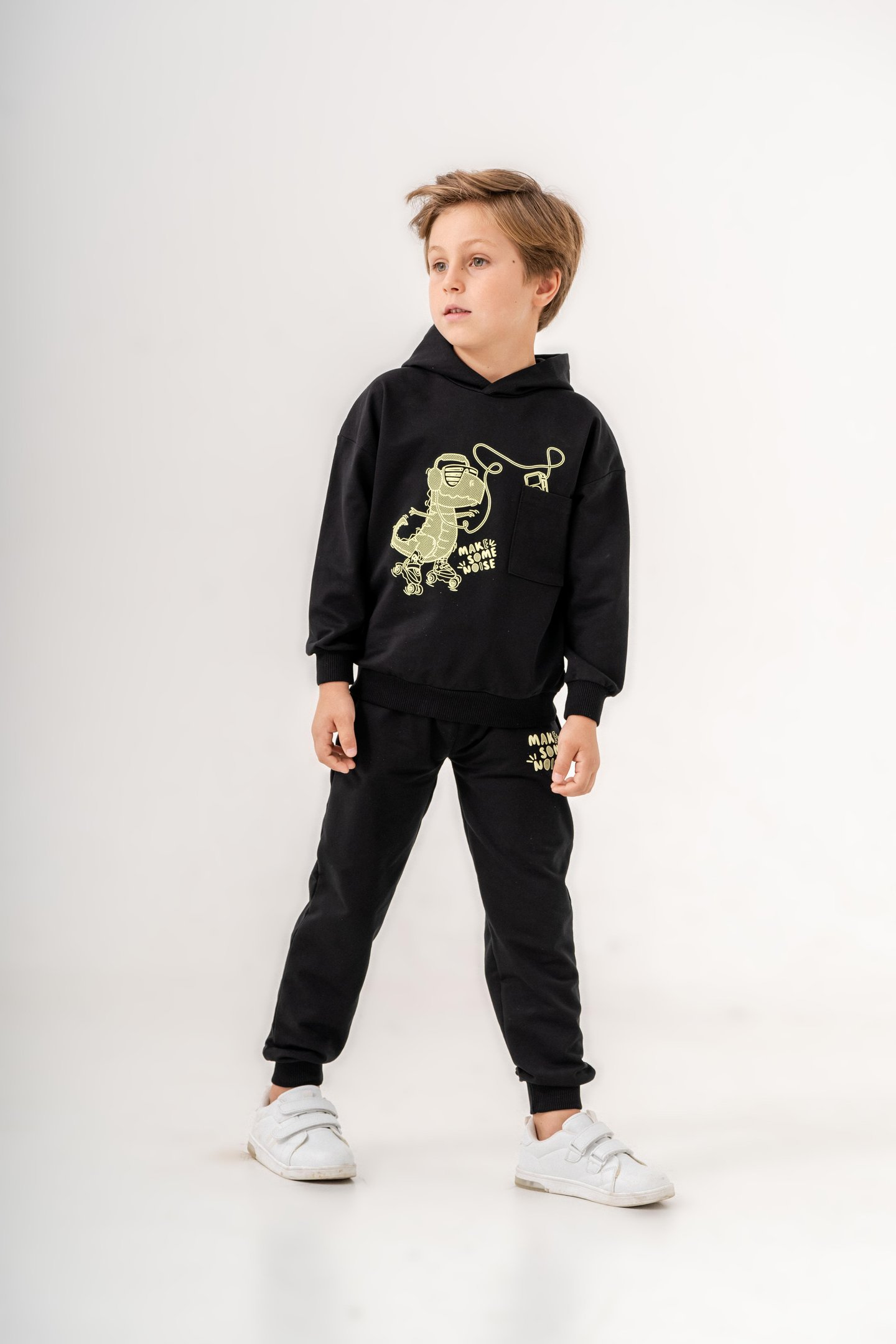 Dinozor Make Some Noise Baskılı Bacak Baskı Detaylı Kapüşonlu Erkek Çocuk Alt Üst Eşofman Takımı
