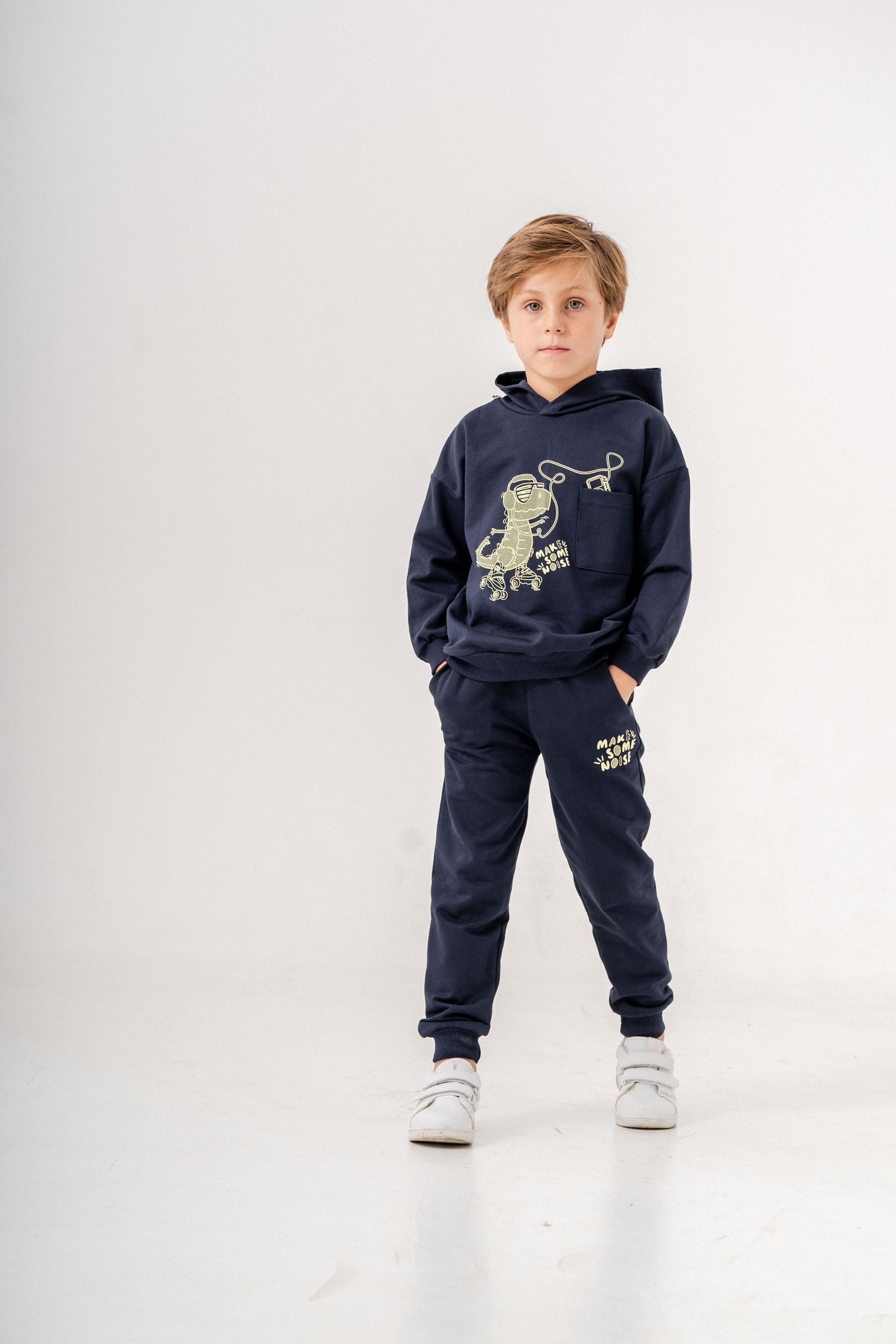 Dinozor Make Some Noise Baskılı Bacak Baskı Detaylı Kapüşonlu Erkek Çocuk Alt Üst Eşofman Takımı