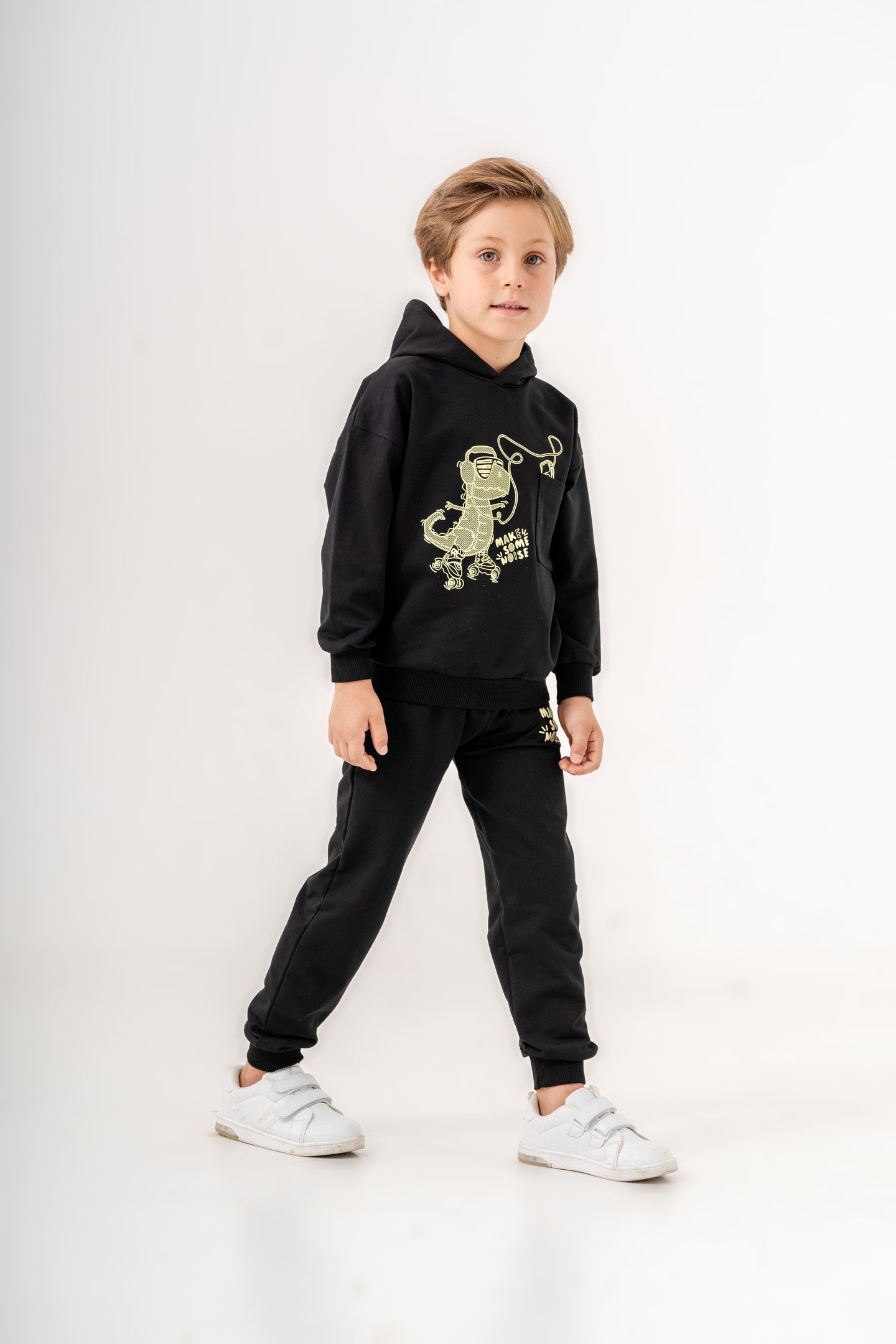 Dinozor Make Some Noise Baskılı Bacak Baskı Detaylı Kapüşonlu Erkek Çocuk Alt Üst Eşofman Takımı
