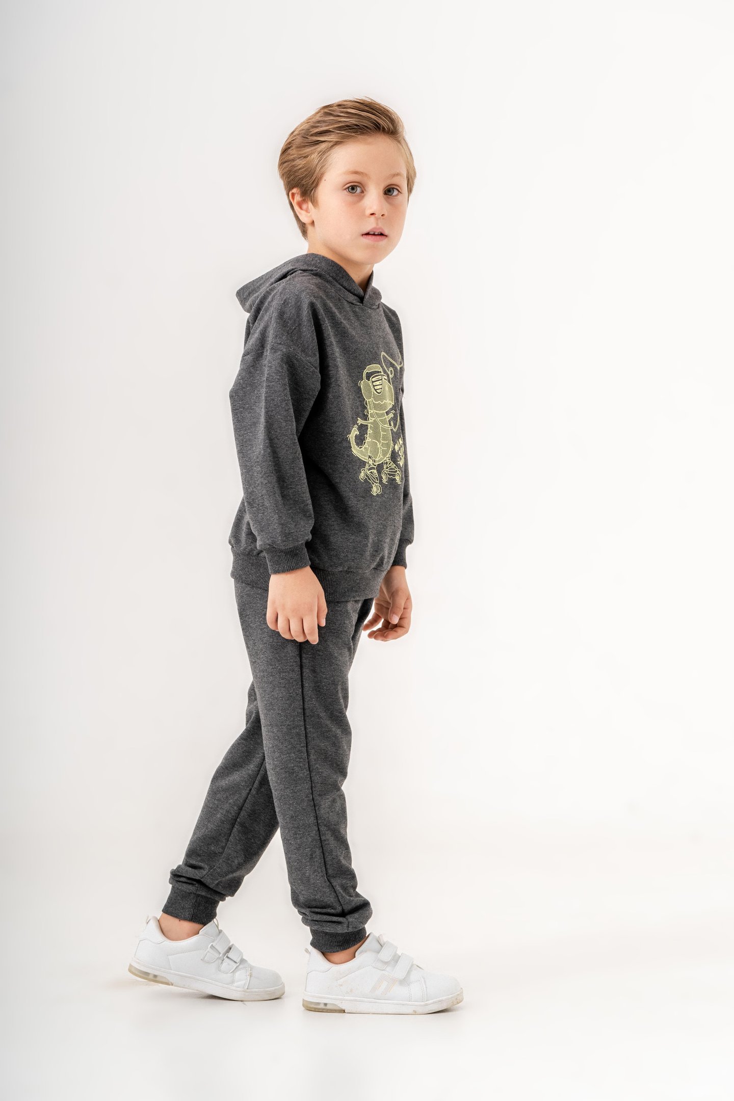 Dinozor Make Some Noise Baskılı Bacak Baskı Detaylı Kapüşonlu Erkek Çocuk Alt Üst Eşofman Takımı