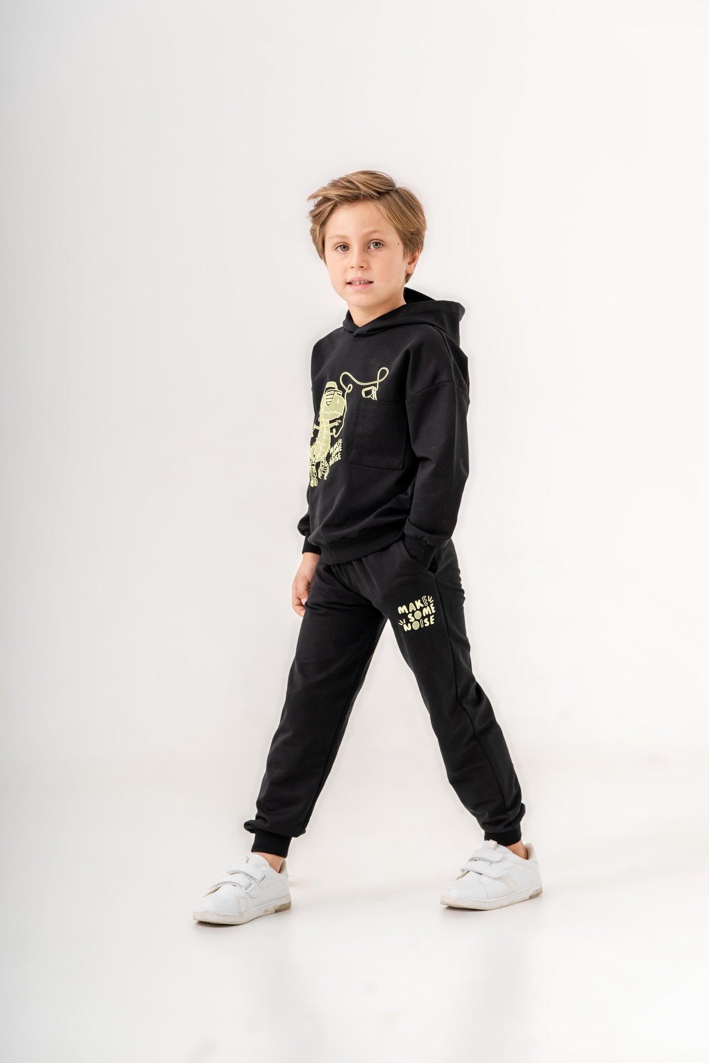 Dinozor Make Some Noise Baskılı Bacak Baskı Detaylı Kapüşonlu Erkek Çocuk Alt Üst Eşofman Takımı