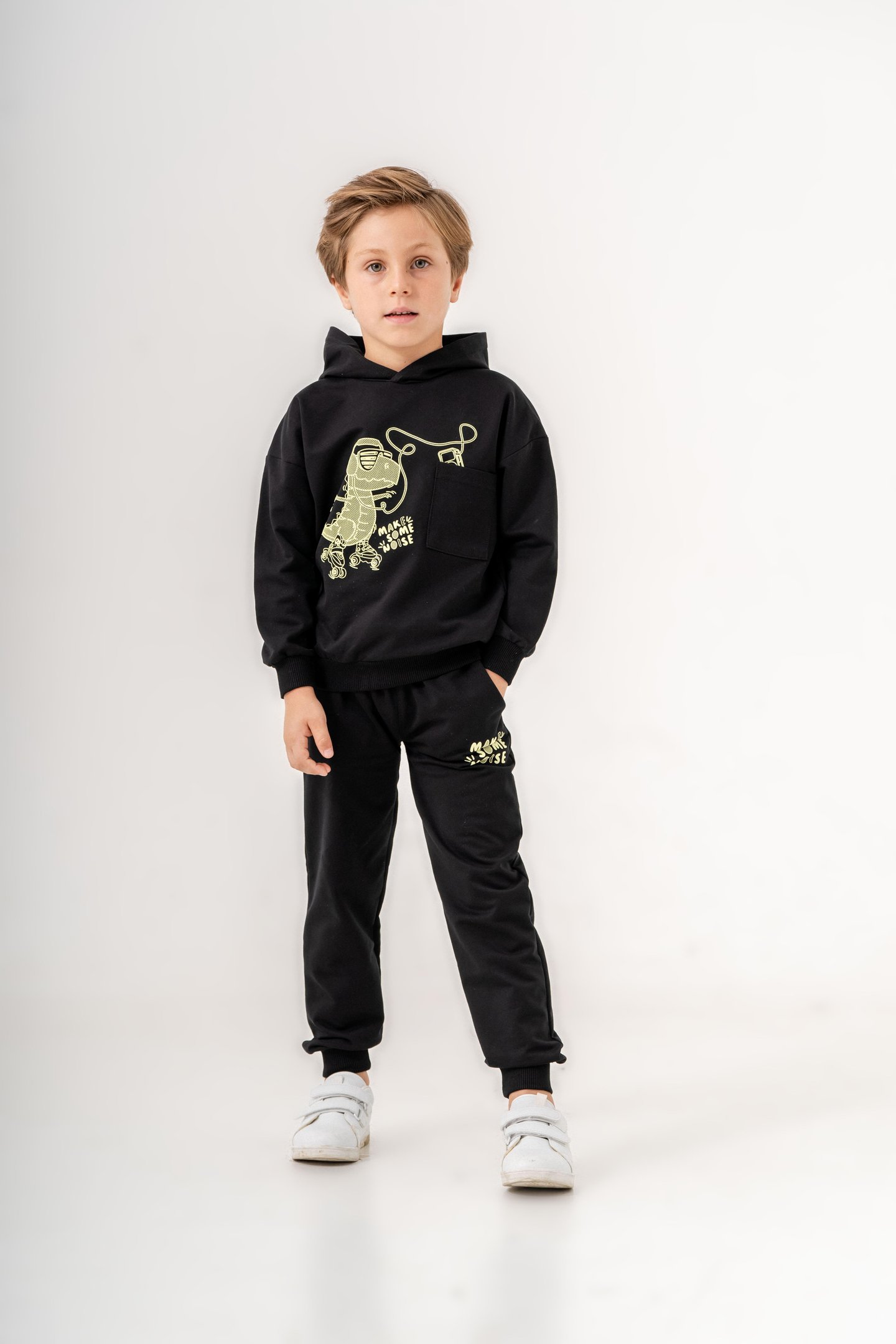 Dinozor Make Some Noise Baskılı Bacak Baskı Detaylı Kapüşonlu Erkek Çocuk Alt Üst Eşofman Takımı