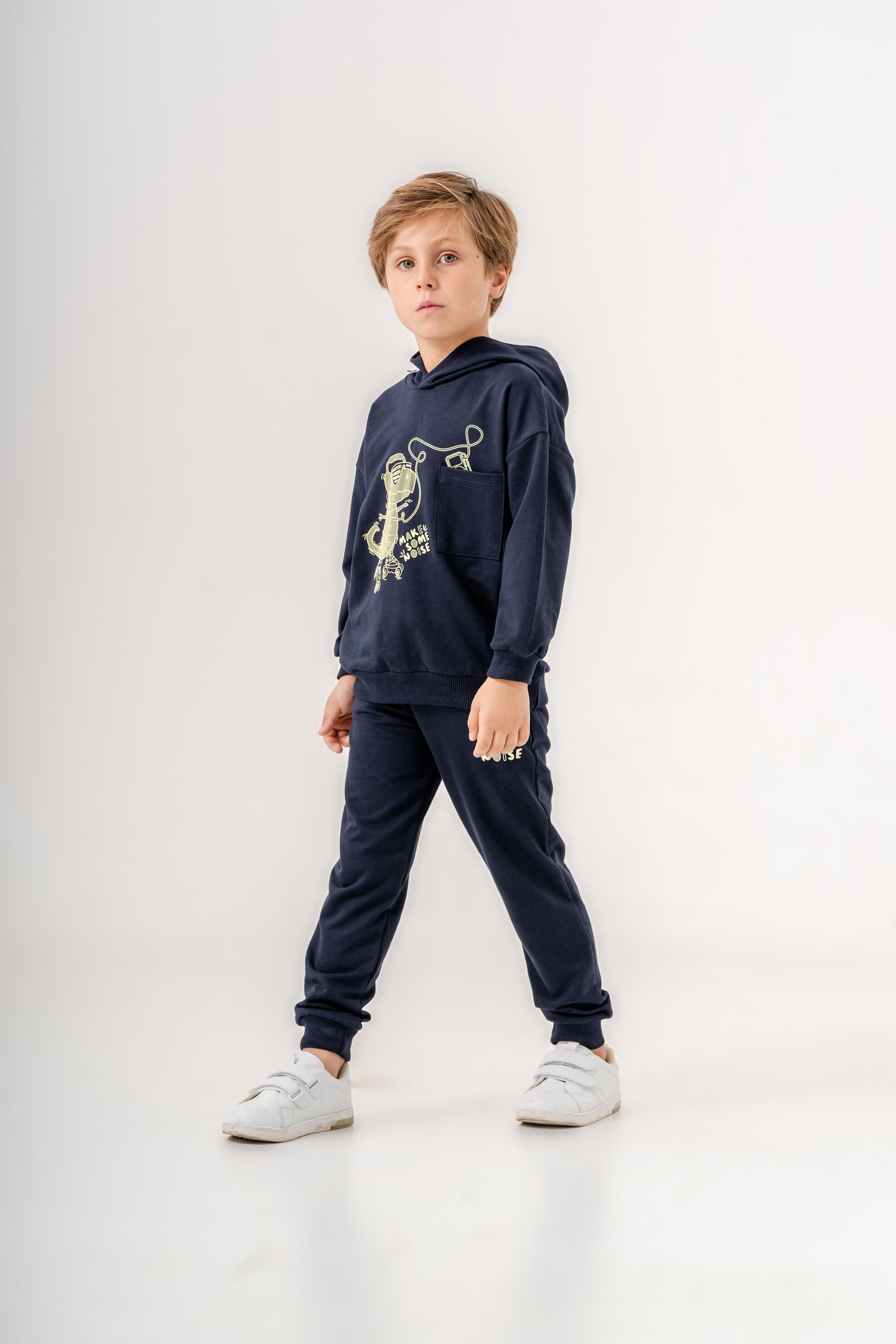 Dinozor Make Some Noise Baskılı Bacak Baskı Detaylı Kapüşonlu Erkek Çocuk Alt Üst Eşofman Takımı