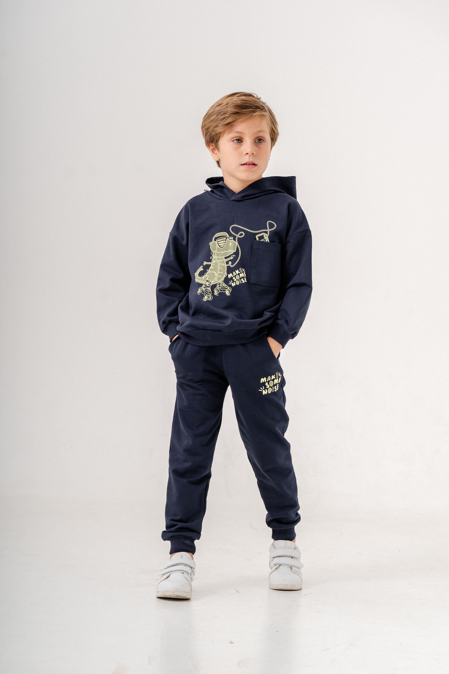 Dinozor Make Some Noise Baskılı Bacak Baskı Detaylı Kapüşonlu Erkek Çocuk Alt Üst Eşofman Takımı