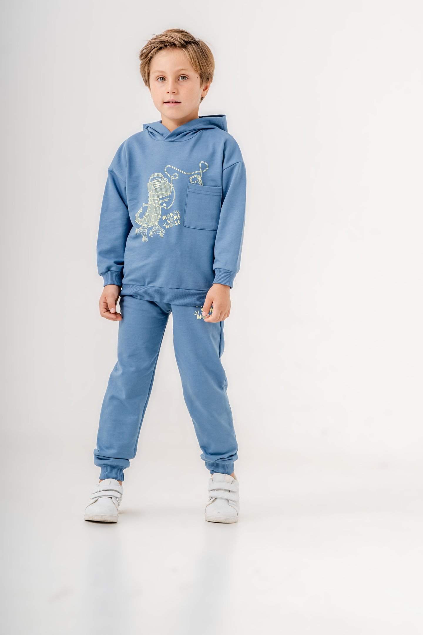 Dinozor Make Some Noise Baskılı Bacak Baskı Detaylı Kapüşonlu Erkek Çocuk Alt Üst Eşofman Takımı