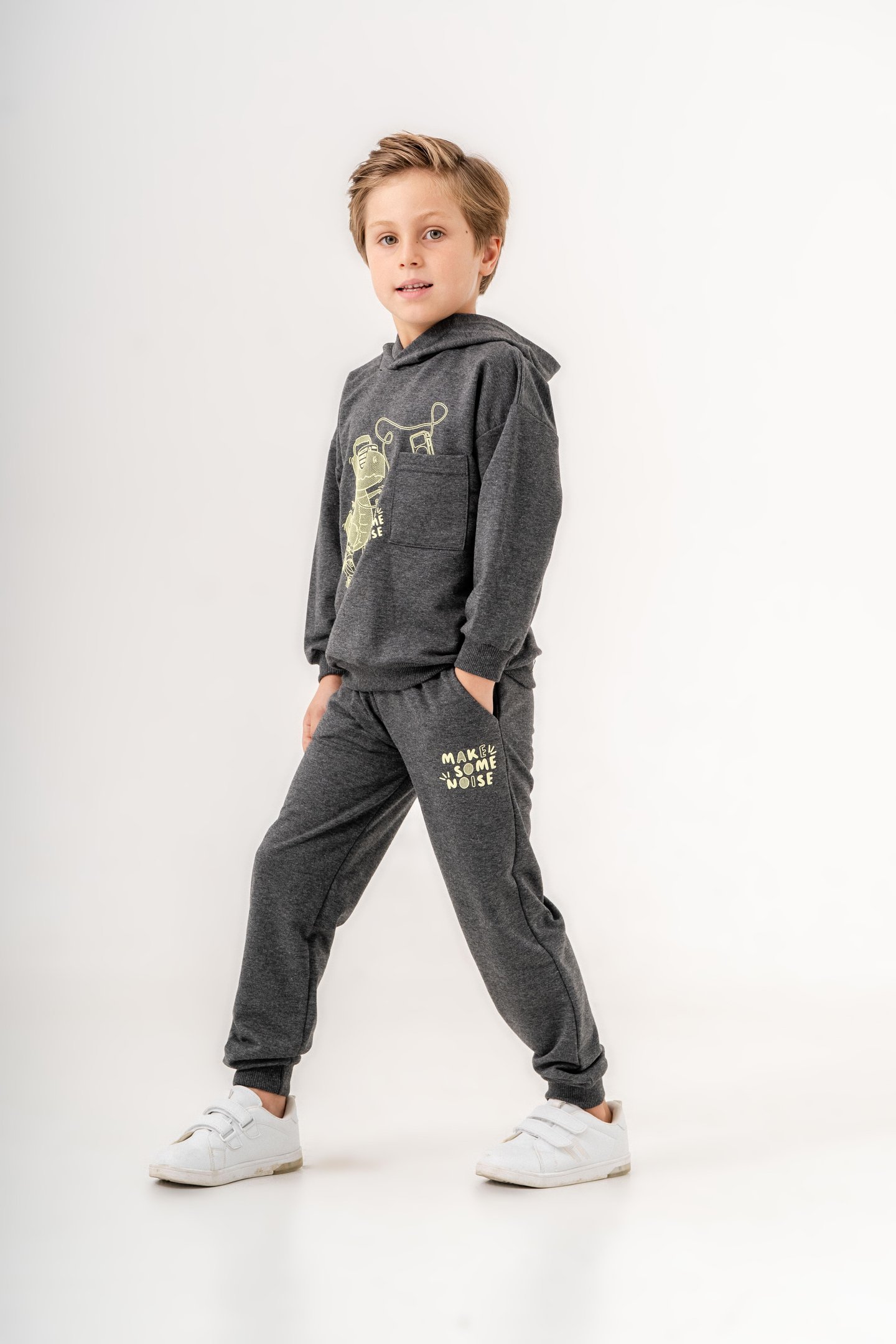 Dinozor Make Some Noise Baskılı Bacak Baskı Detaylı Kapüşonlu Erkek Çocuk Alt Üst Eşofman Takımı