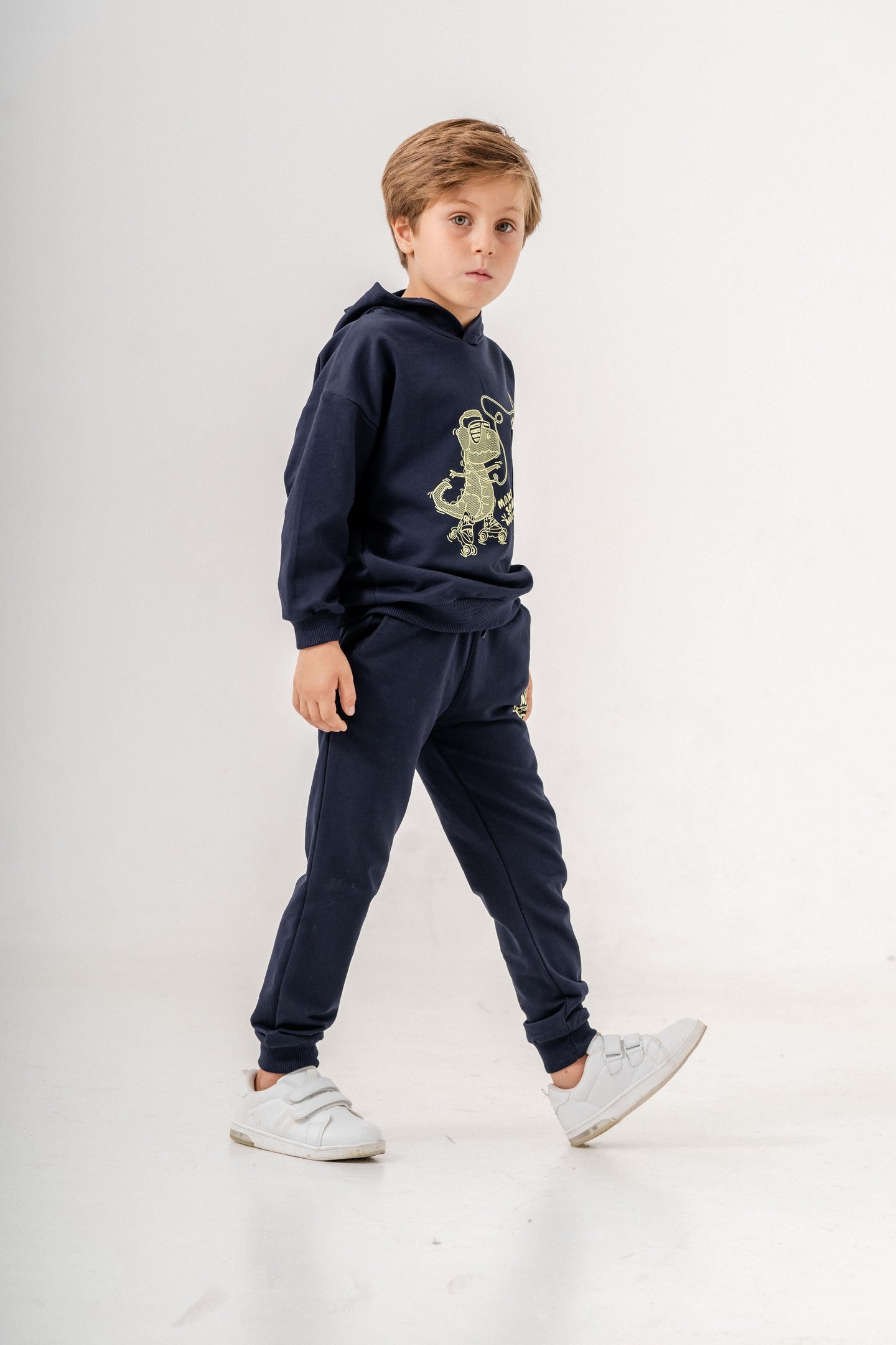 Dinozor Make Some Noise Baskılı Bacak Baskı Detaylı Kapüşonlu Erkek Çocuk Alt Üst Eşofman Takımı