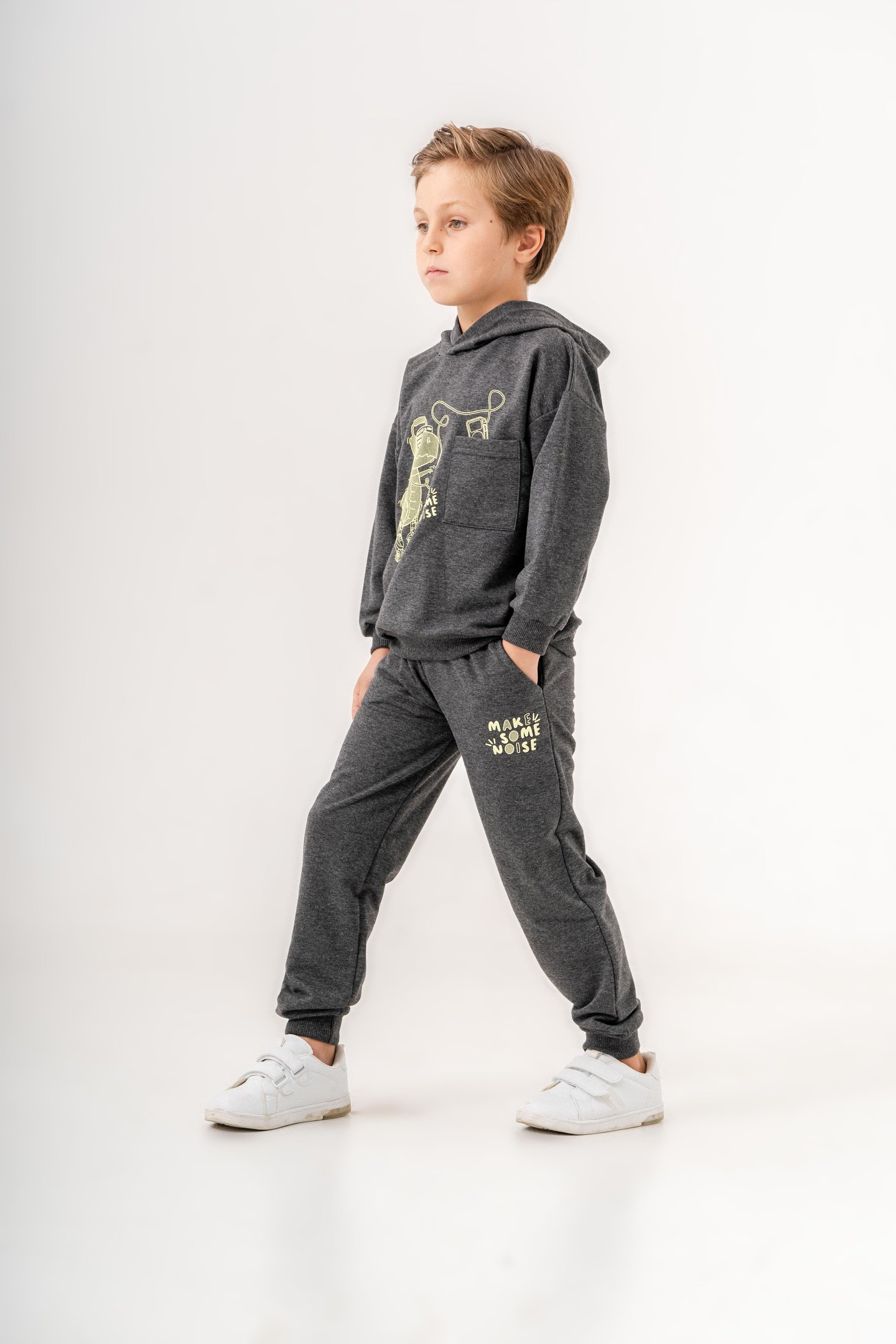 Dinozor Make Some Noise Baskılı Bacak Baskı Detaylı Kapüşonlu Erkek Çocuk Alt Üst Eşofman Takımı