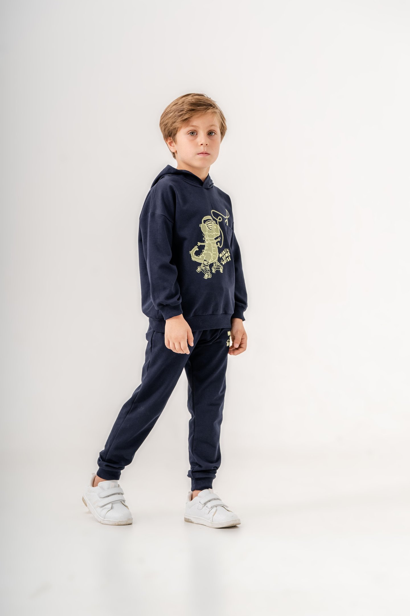 Dinozor Make Some Noise Baskılı Bacak Baskı Detaylı Kapüşonlu Erkek Çocuk Alt Üst Eşofman Takımı