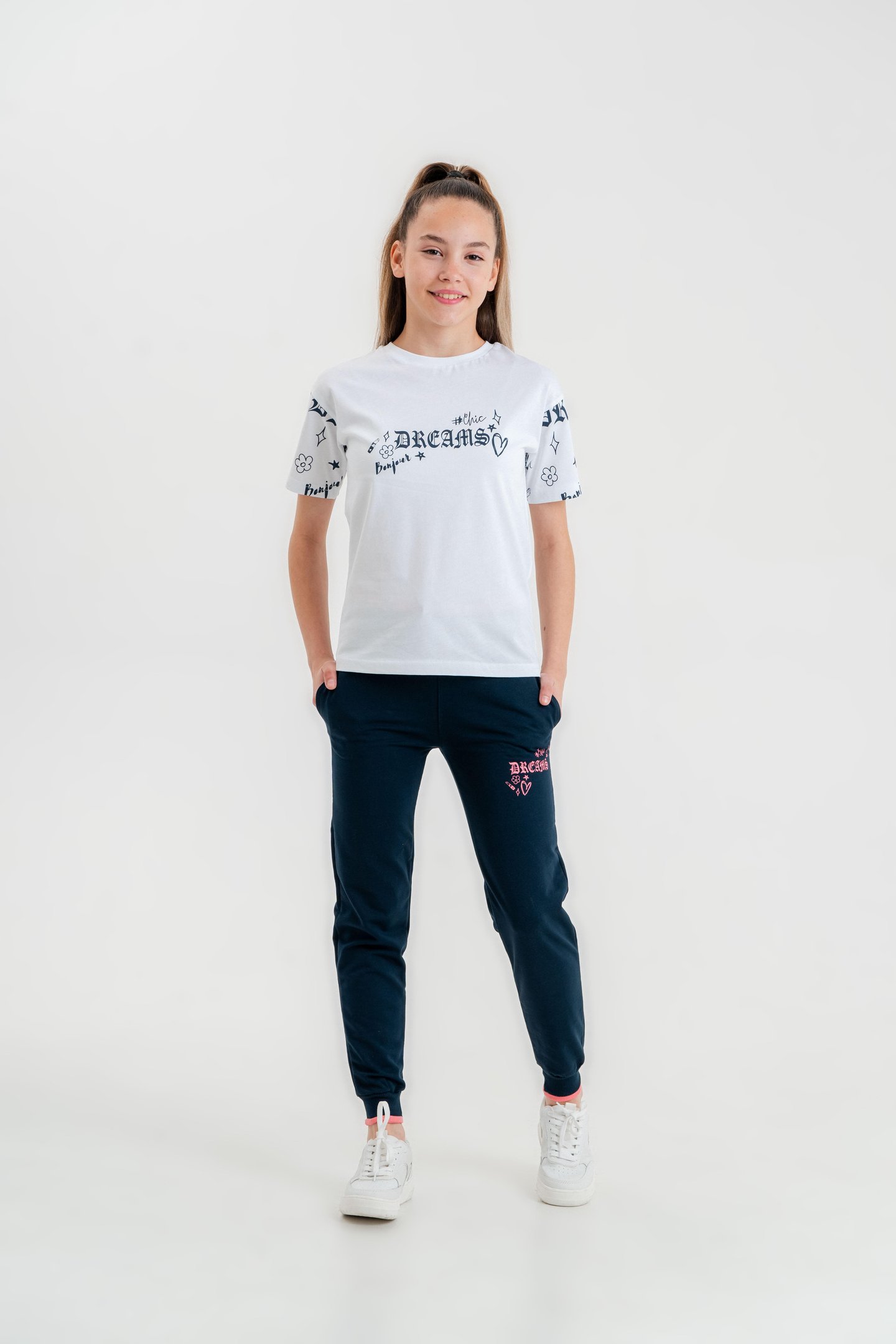 Dreams Bonjour Baskılı Kız Çocuk T-shirt Eşofman Altı Alt Üst Takımı