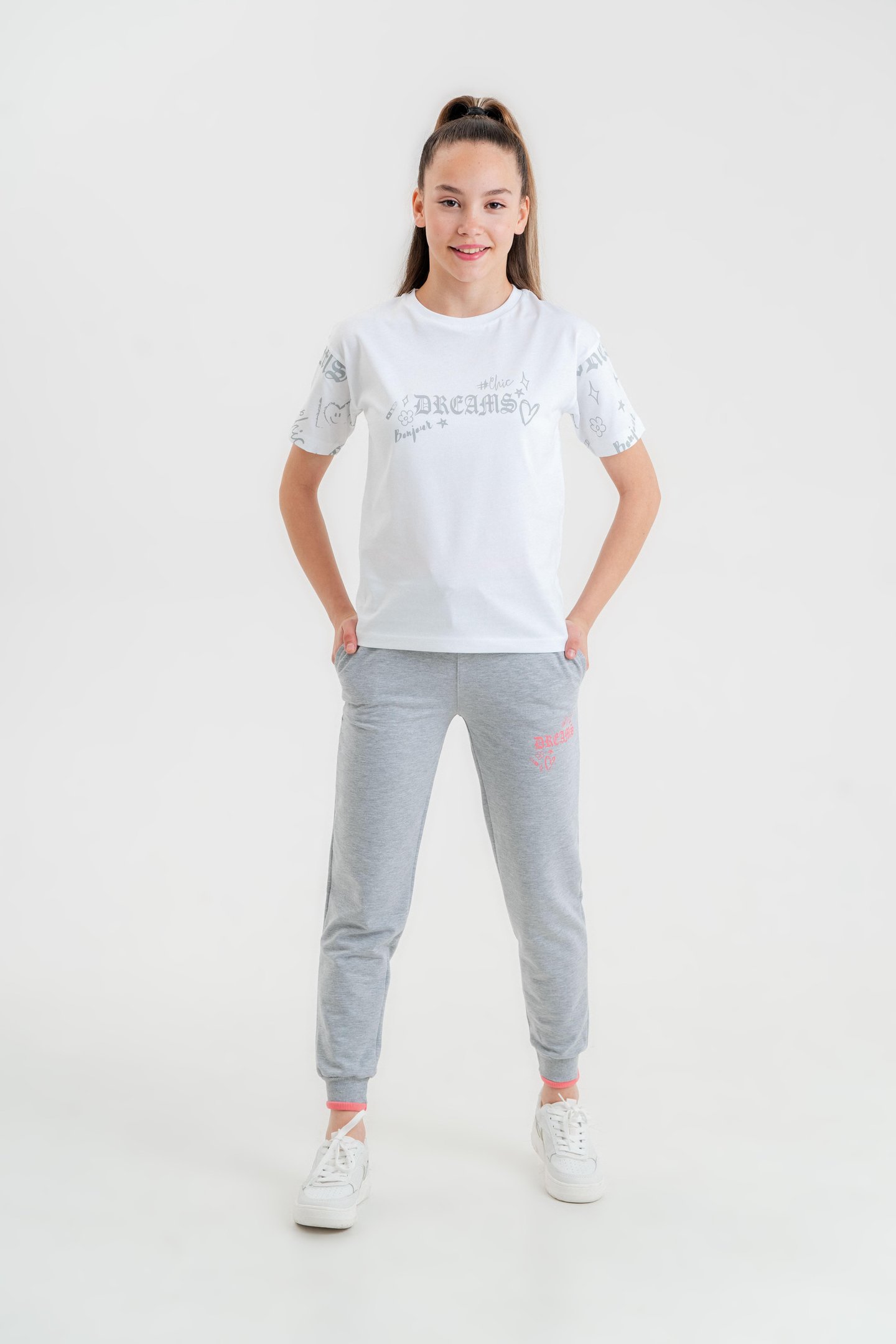 Dreams Bonjour Baskılı Kız Çocuk T-shirt Eşofman Altı Alt Üst Takımı