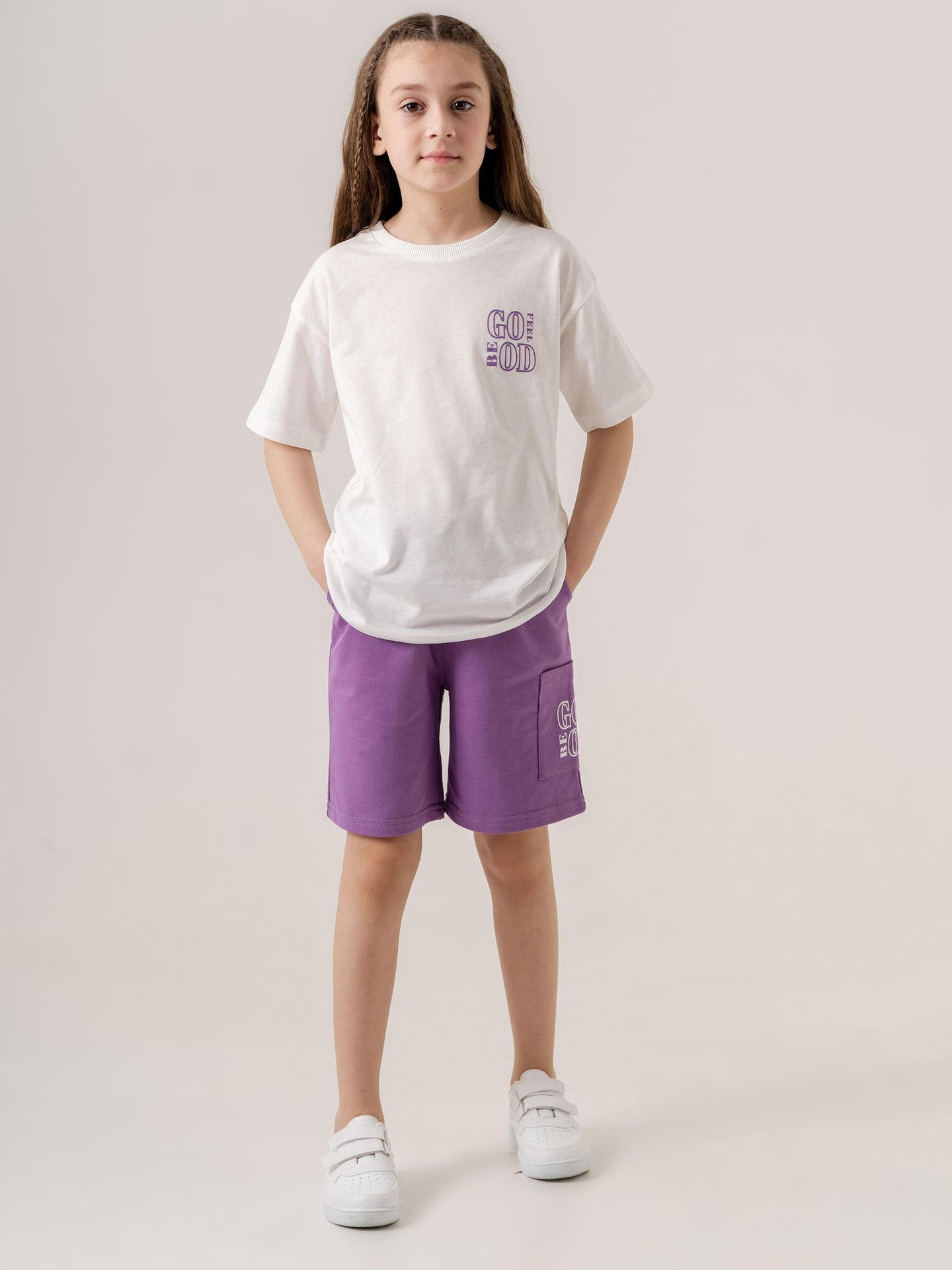 Feel Be God Baskılı Cep Baskı Detaylı Kız Çocuk T-shirt Şort Alt-Üst Takımı