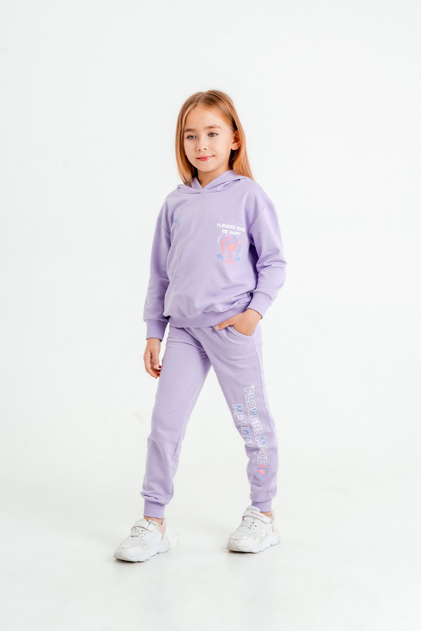 Flowers Make Me Baskılı Kapüşonlu Alt Üst Kız Çocuk Eşofman Takımı