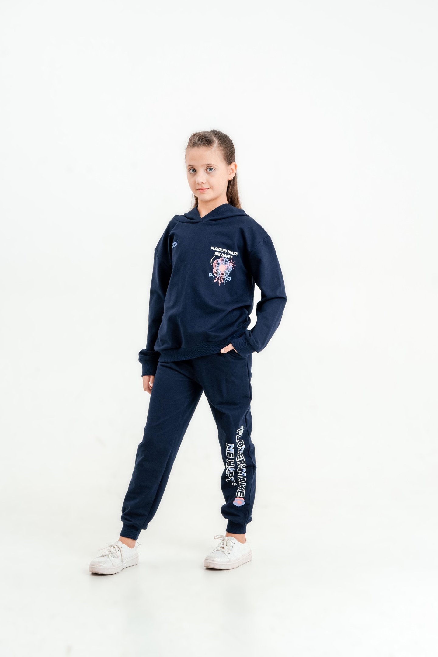 Flowers Make Me Baskılı Kapüşonlu Alt Üst Kız Çocuk Eşofman Takımı