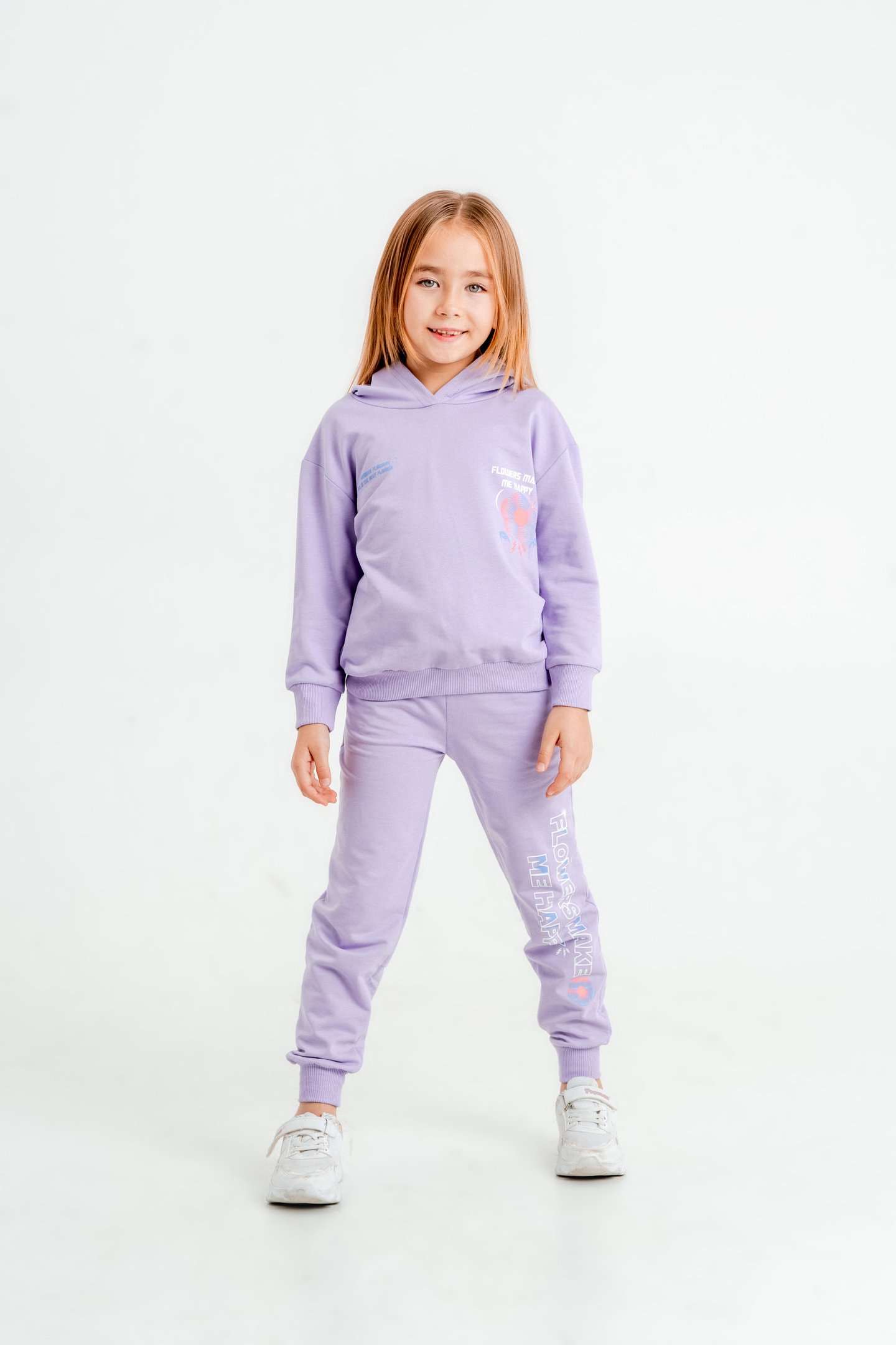 Flowers Make Me Baskılı Kapüşonlu Alt Üst Kız Çocuk Eşofman Takımı