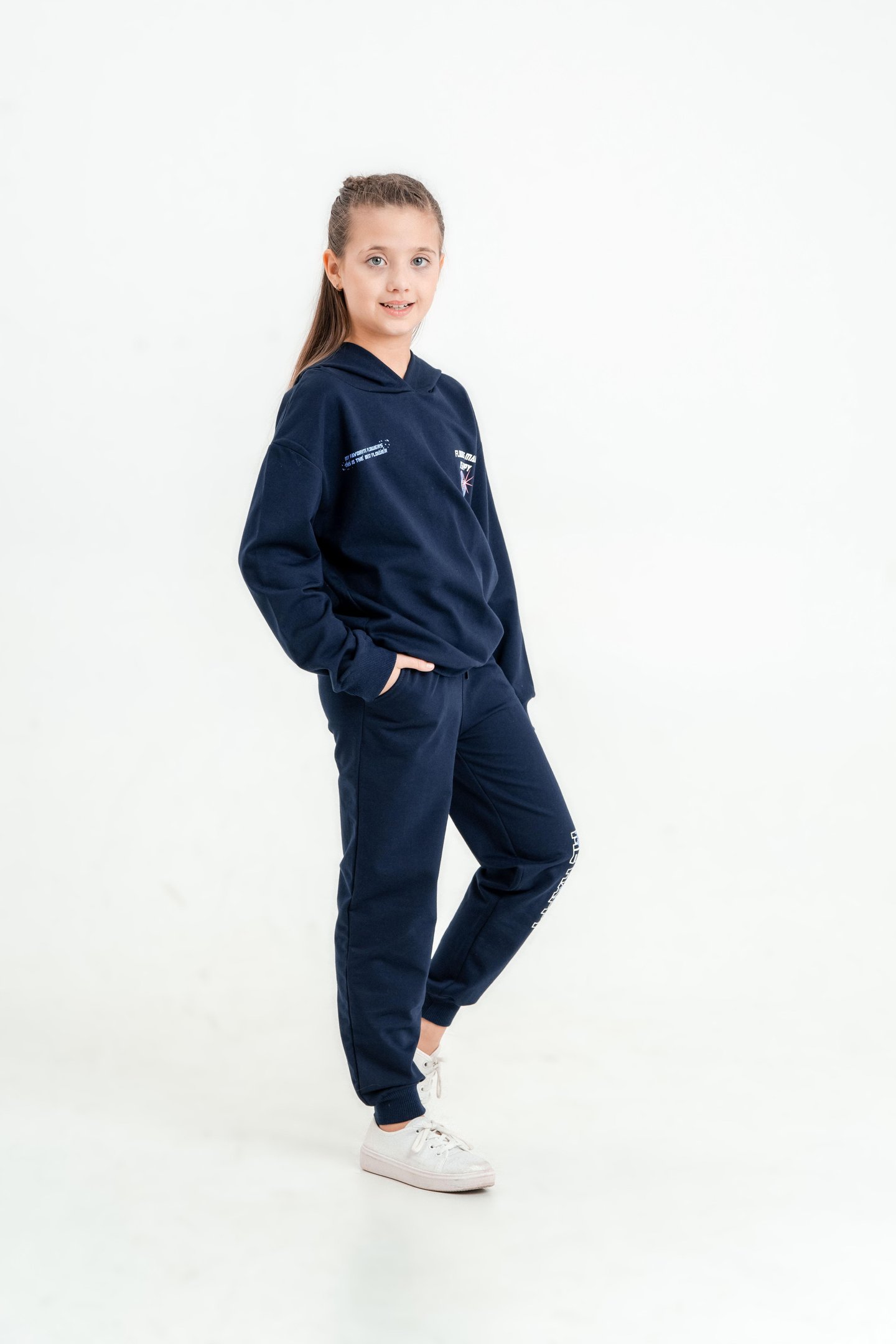 Flowers Make Me Baskılı Kapüşonlu Alt Üst Kız Çocuk Eşofman Takımı